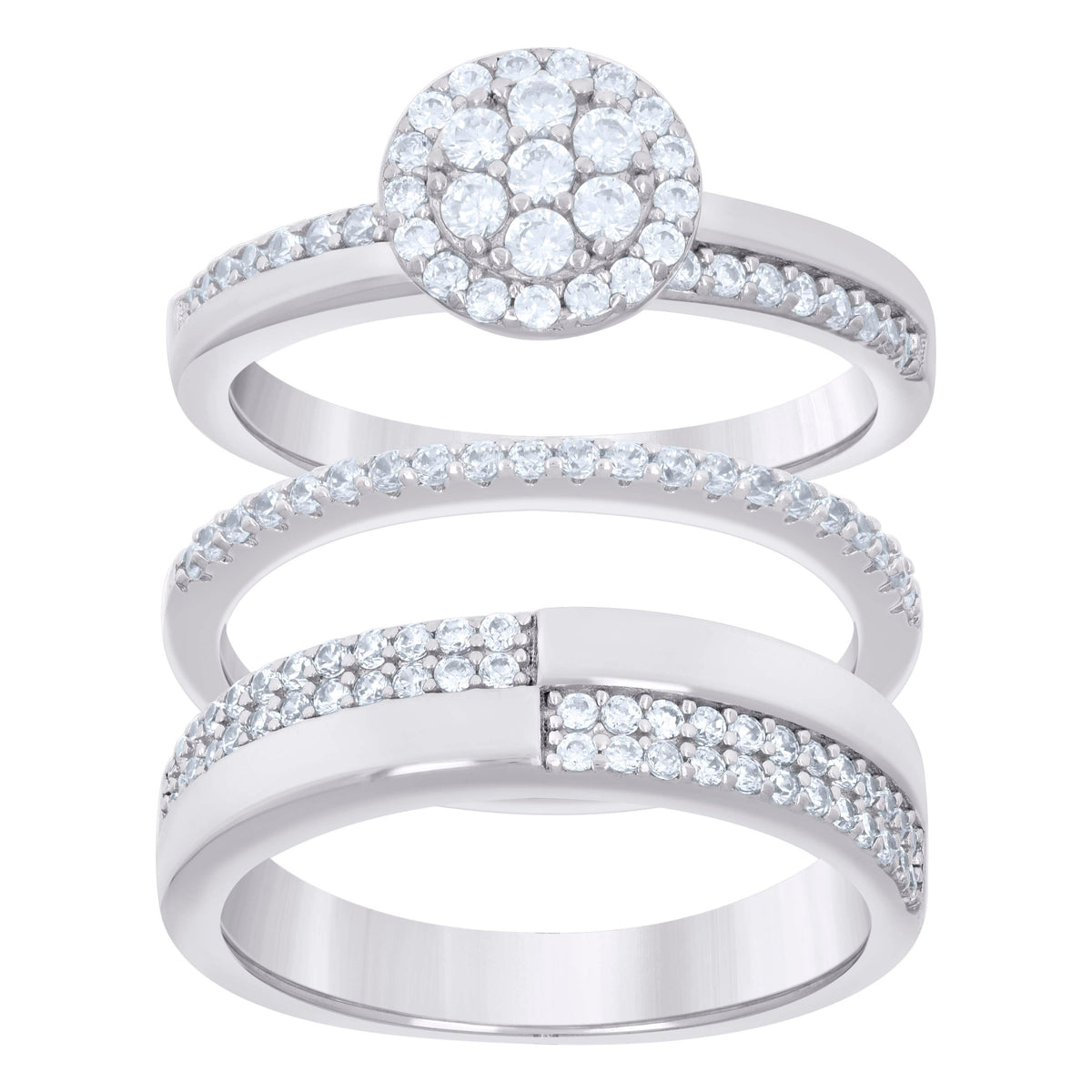 925 Sterling Silver Cubic-Zirconia His & Hers Trio Ring Set Size 8