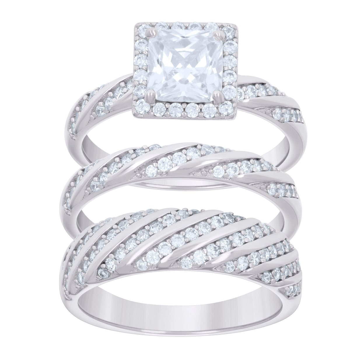 925 Sterling Silver Princess-Cut Round Cubic-Zirconia His & Hers Trio Ring Set