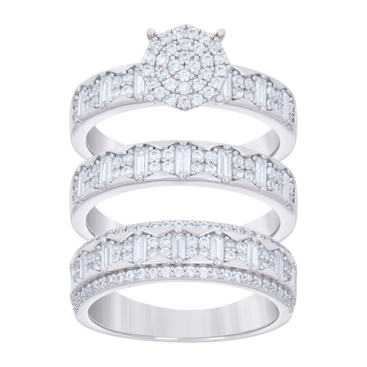 925 Sterling Silver Baguette Round Cubic-Zirconia His & Hers Trio Ring Set