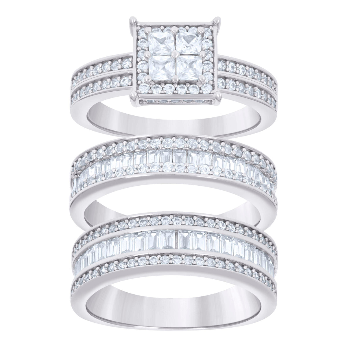 925 Sterling Silver Princess-Cut/Baguette Round Cubic-Zirconia His & Hers Trio Ring Set Size 7