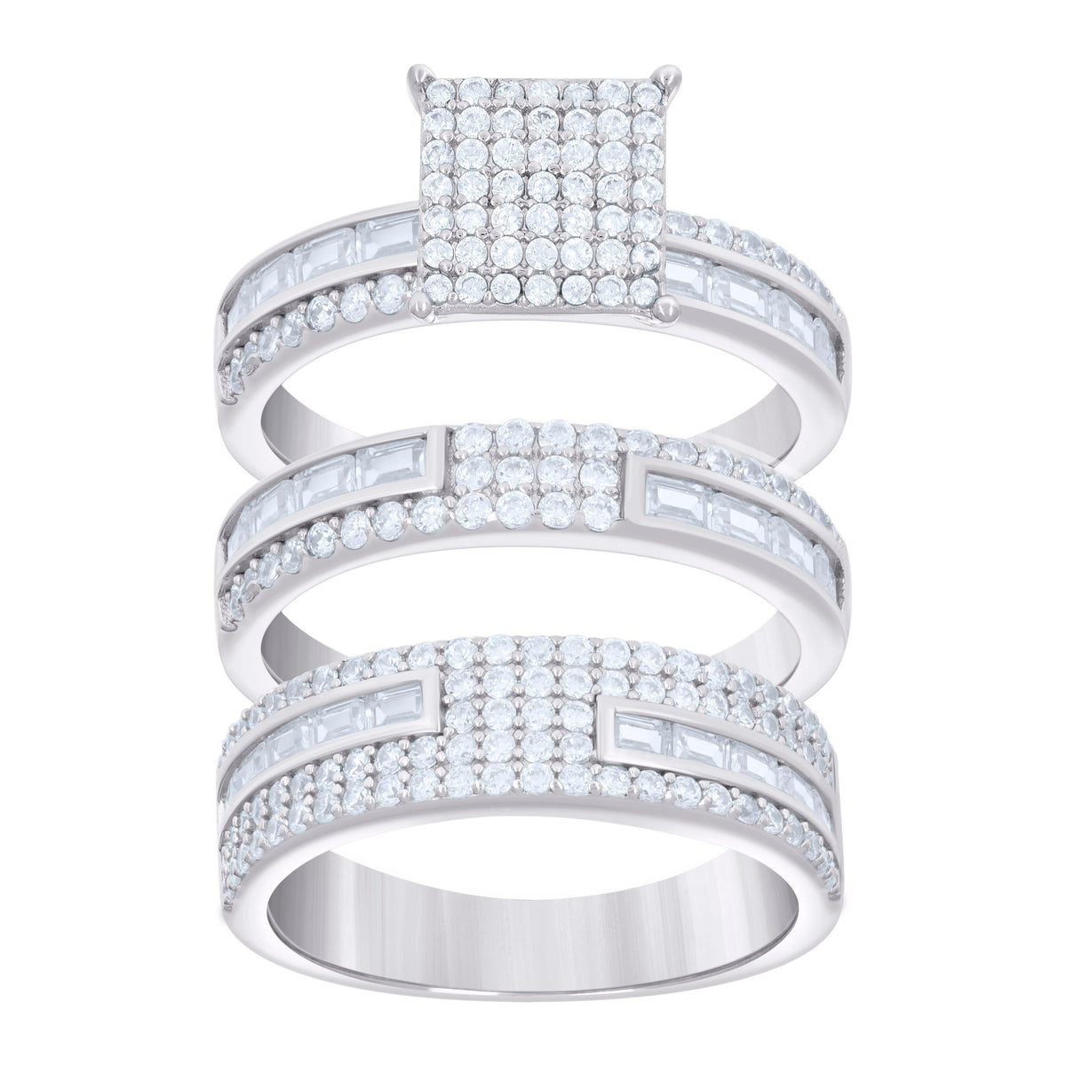 925 Sterling Silver Baguette Round Cubic-Zirconia His & Hers Trio Ring Set Size 9