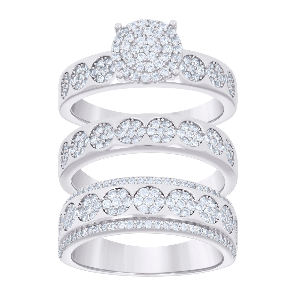 925 Sterling Silver Cubic-Zirconia His & Hers Trio Ring Set Size 6