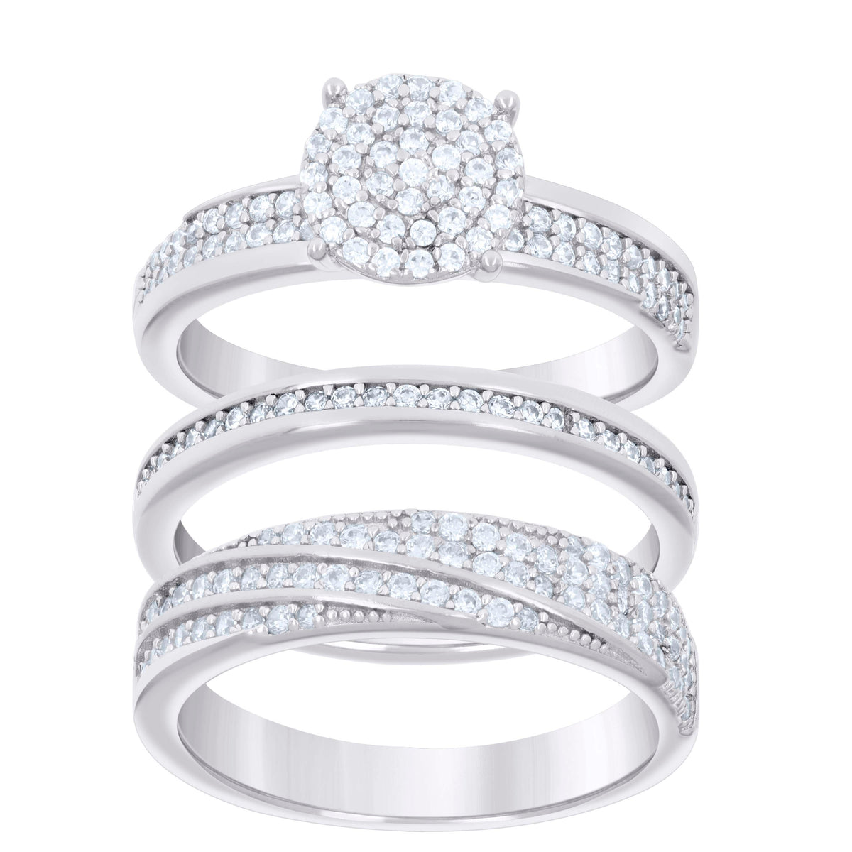 925 Sterling Silver Cubic-Zirconia His & Hers Trio Ring Set Size 6