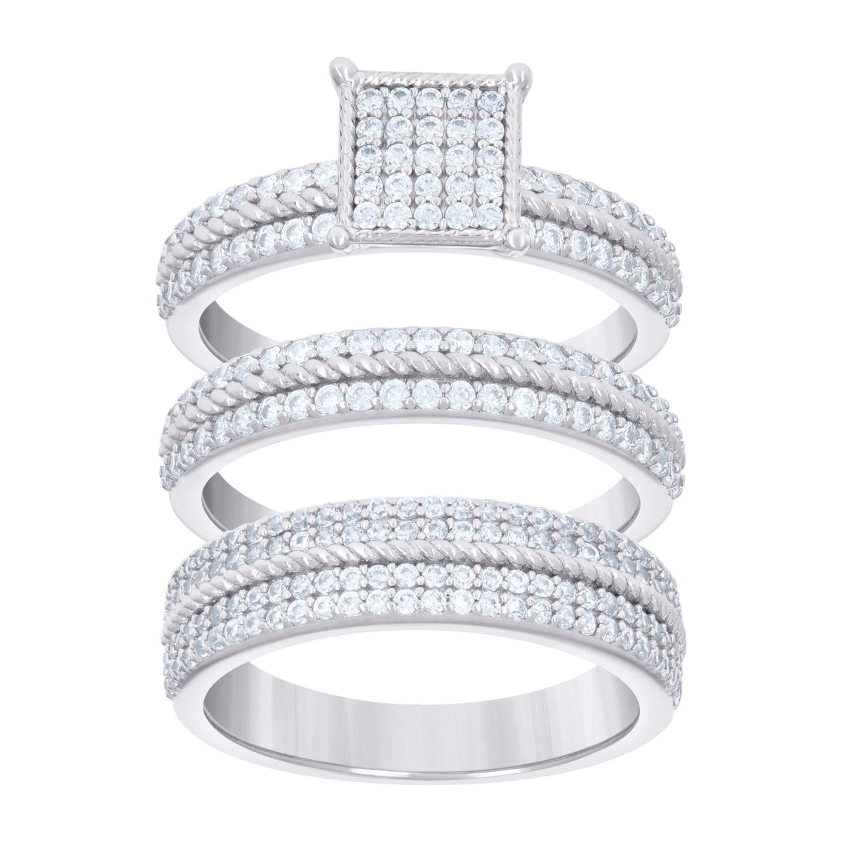 925 Sterling Silver Cubic-Zirconia His & Hers Trio Ring Set Size 6
