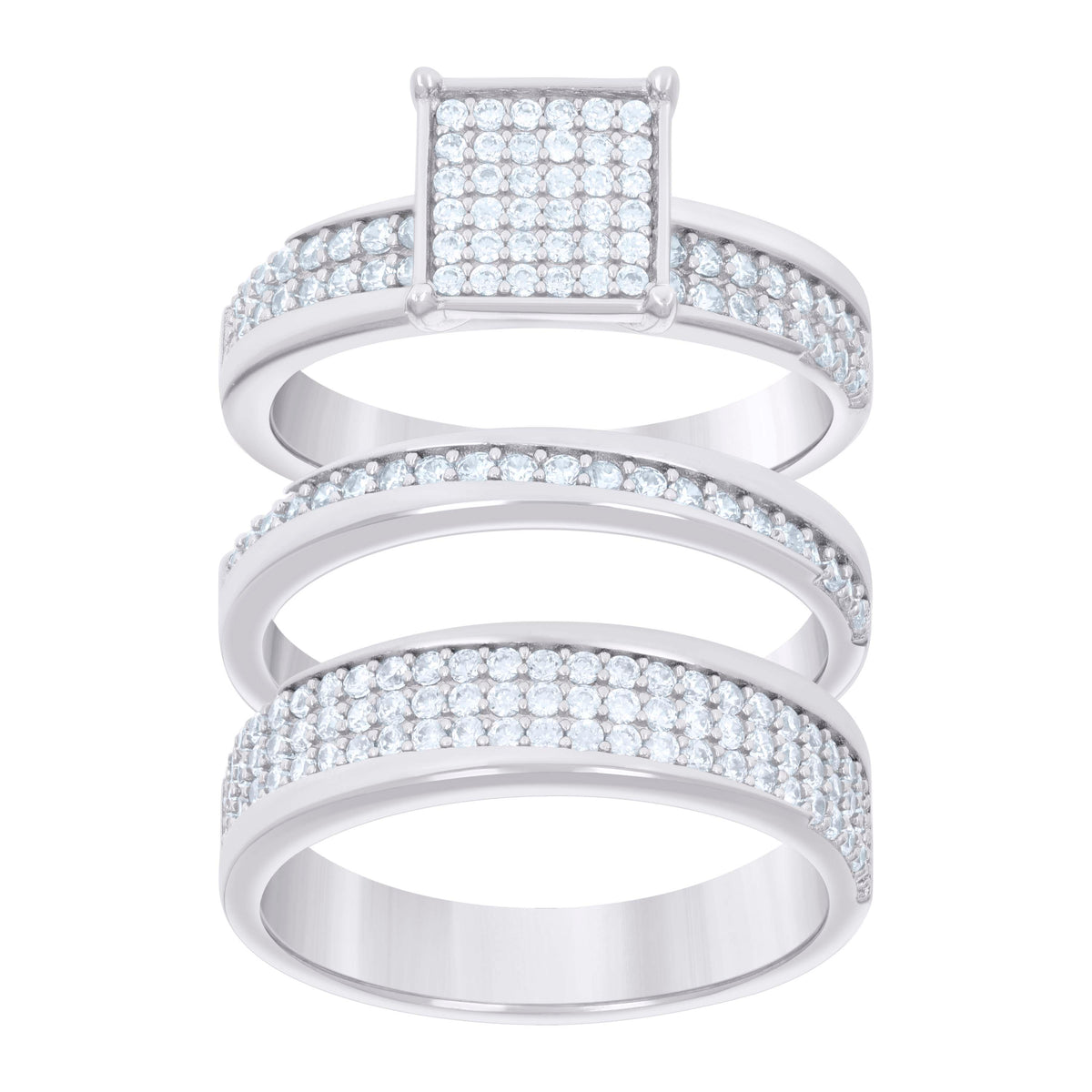 925 Sterling Silver Cubic-Zirconia His & Hers Trio Ring Set Size 8