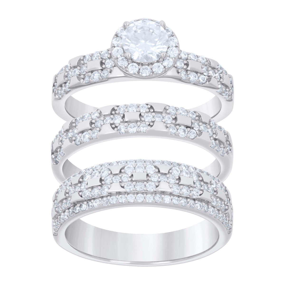 925 Sterling Silver Cubic-Zirconia His & Hers Trio Ring Set Size 8