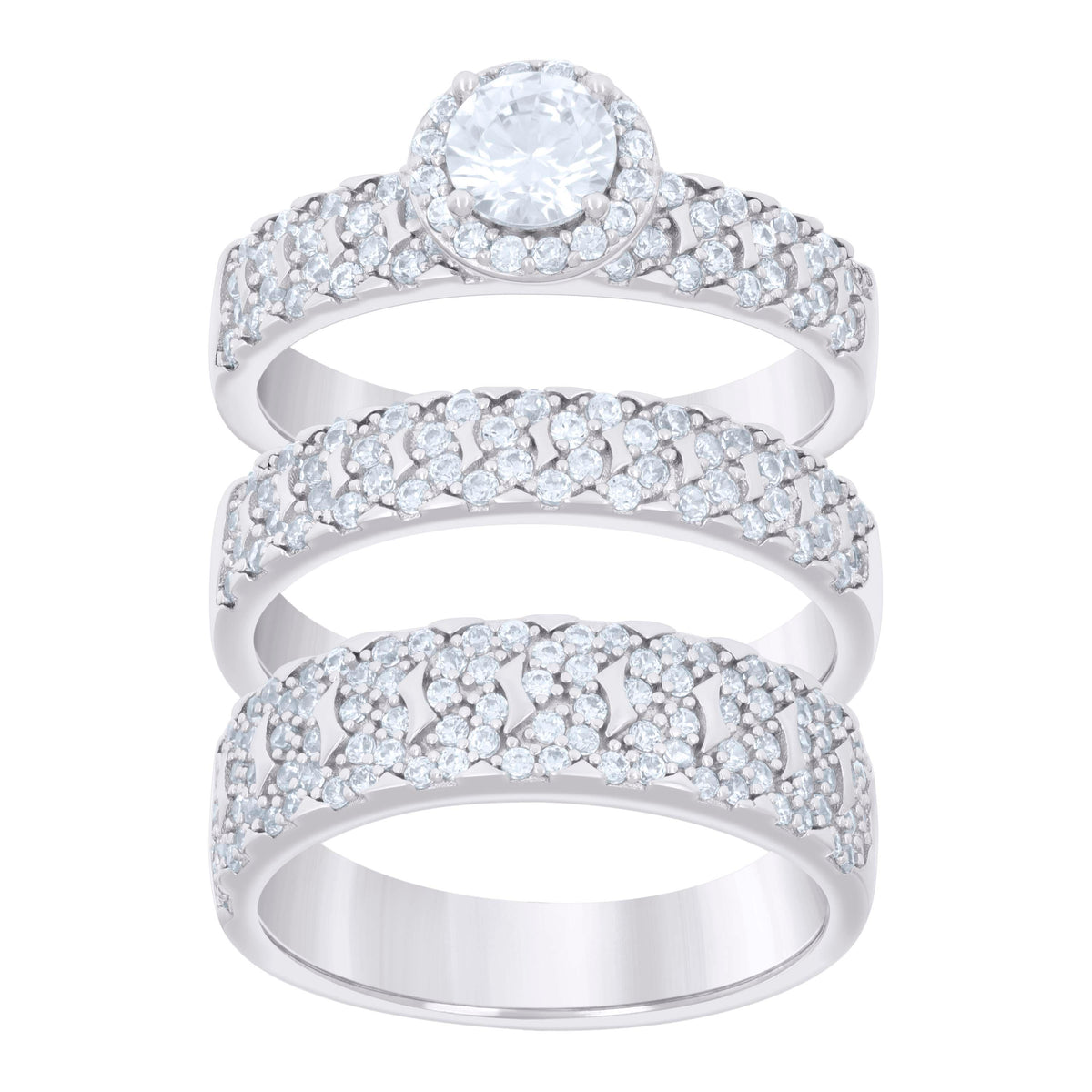 925 Sterling Silver Cubic-Zirconia His & Hers Trio Ring Set Size 9