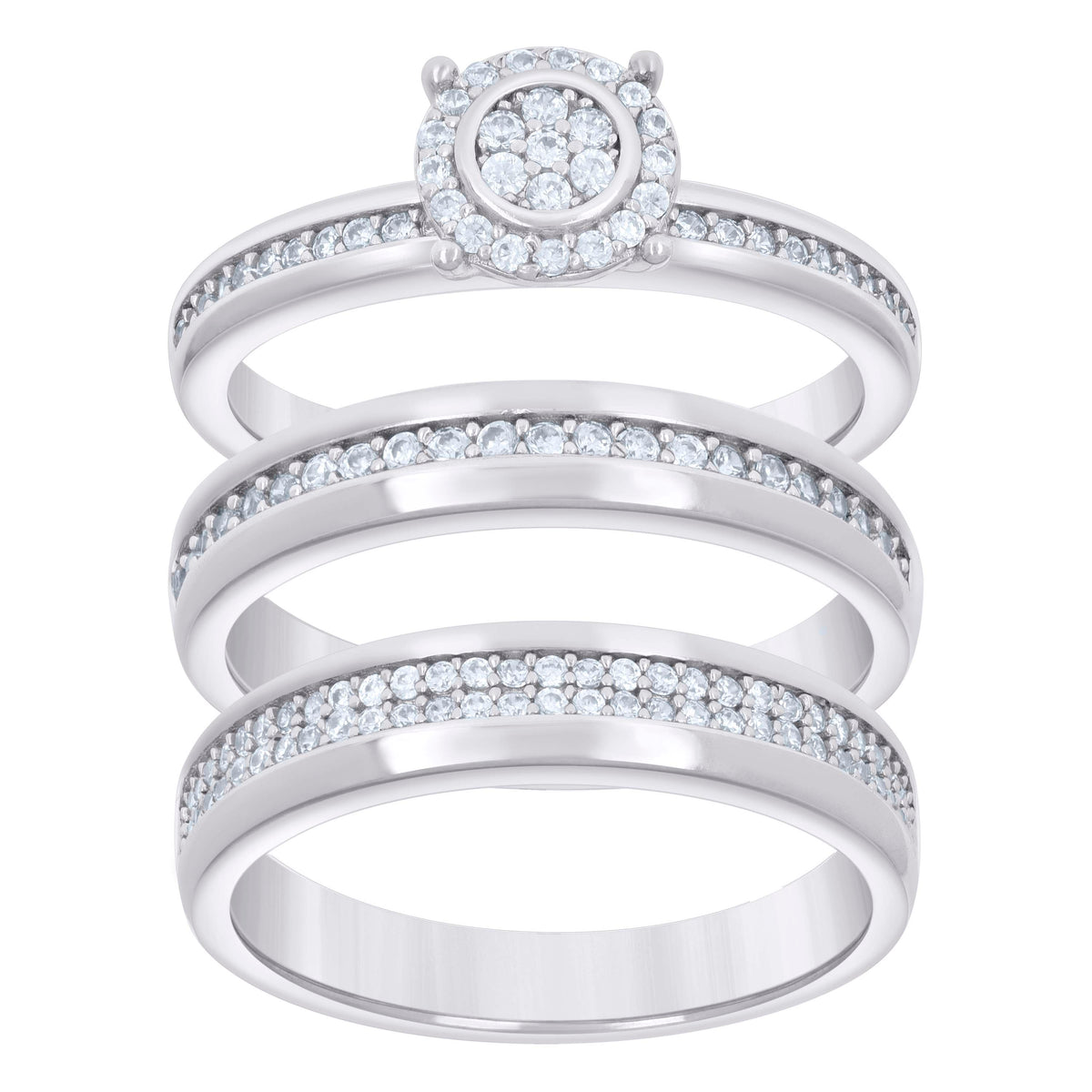 925 Sterling Silver Cubic-Zirconia His & Hers Trio Ring Set Size 7