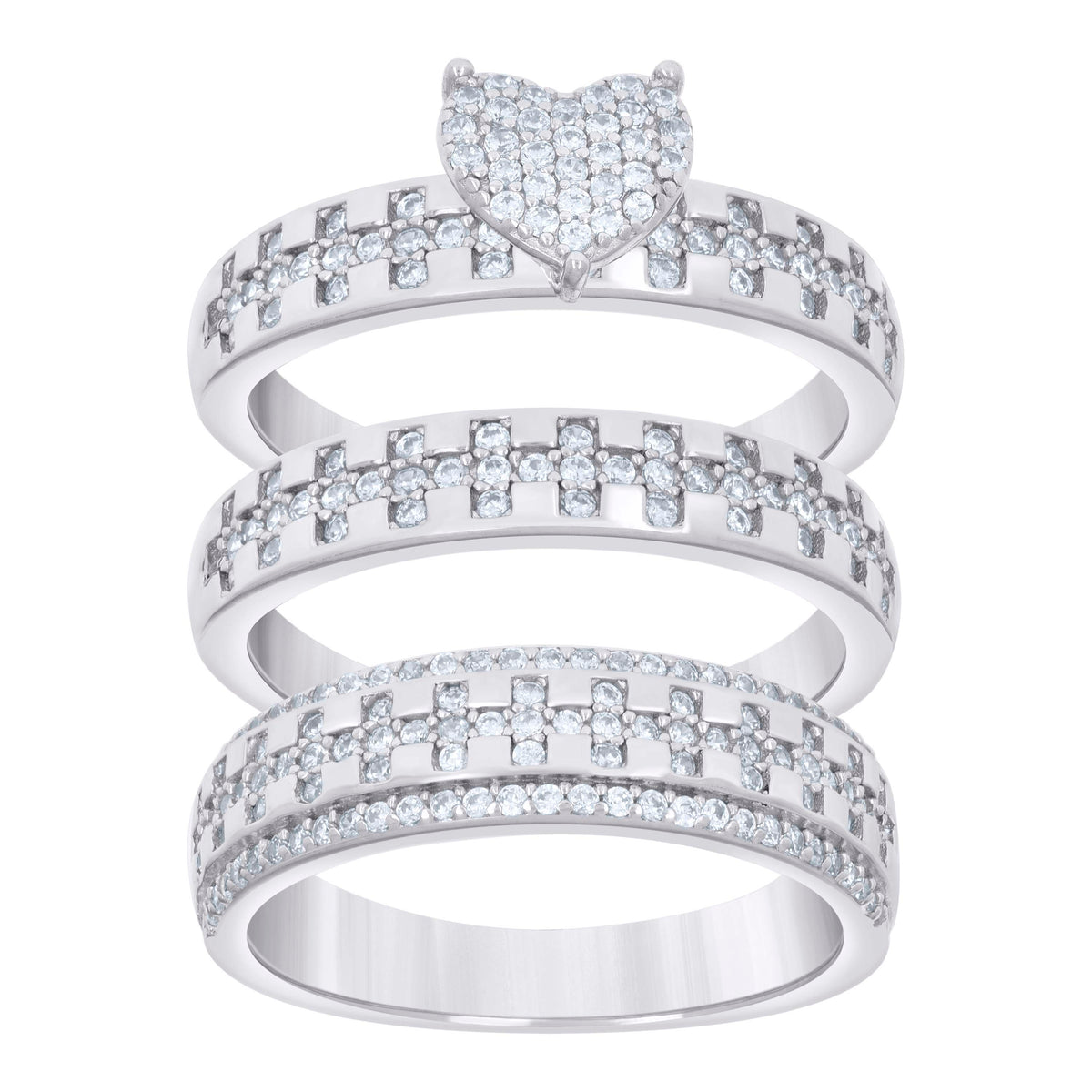 925 Sterling Silver Cubic-Zirconia His & Hers Trio Ring Set Size 6