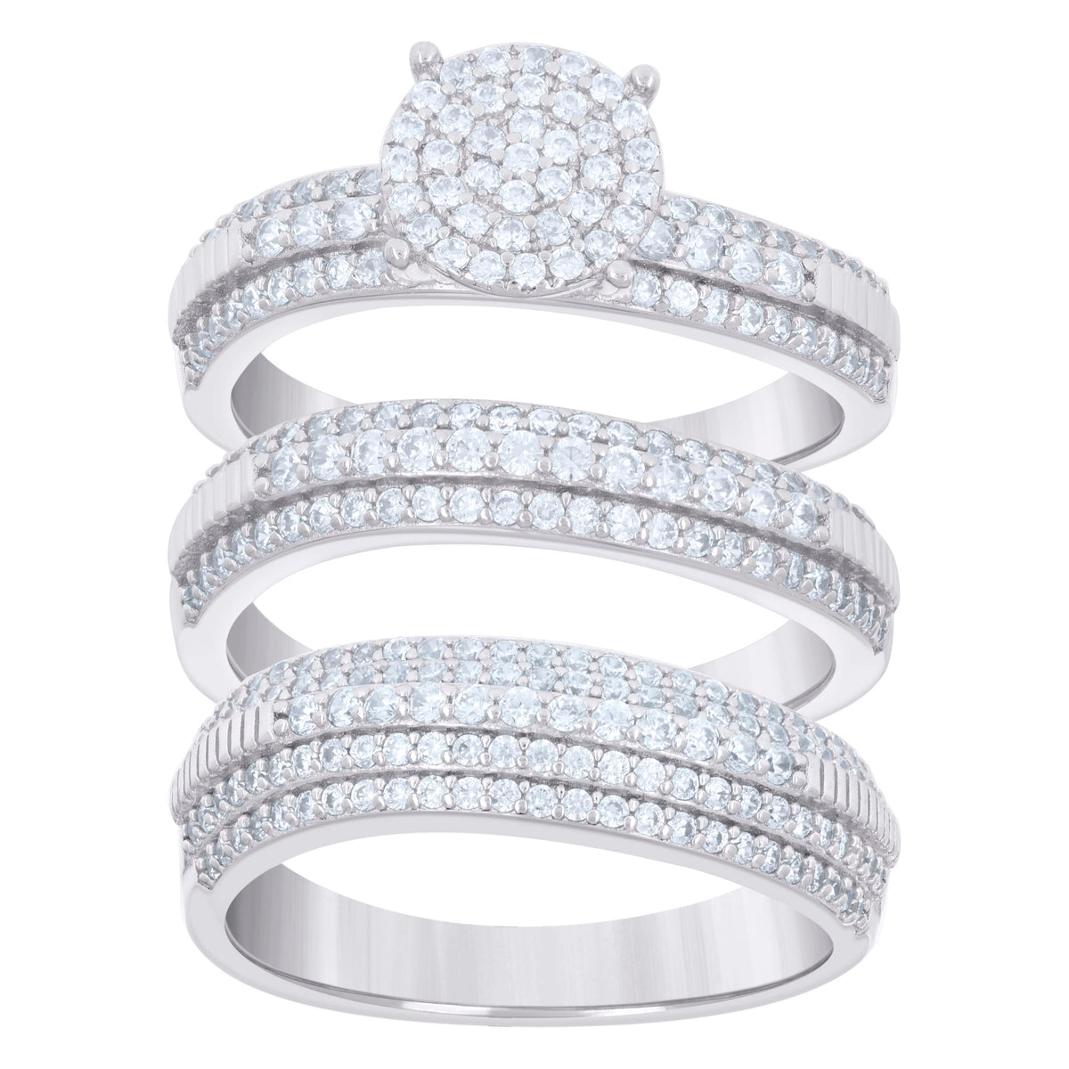 925 Sterling Silver Cubic-Zirconia His & Hers Trio Ring Set Size 6