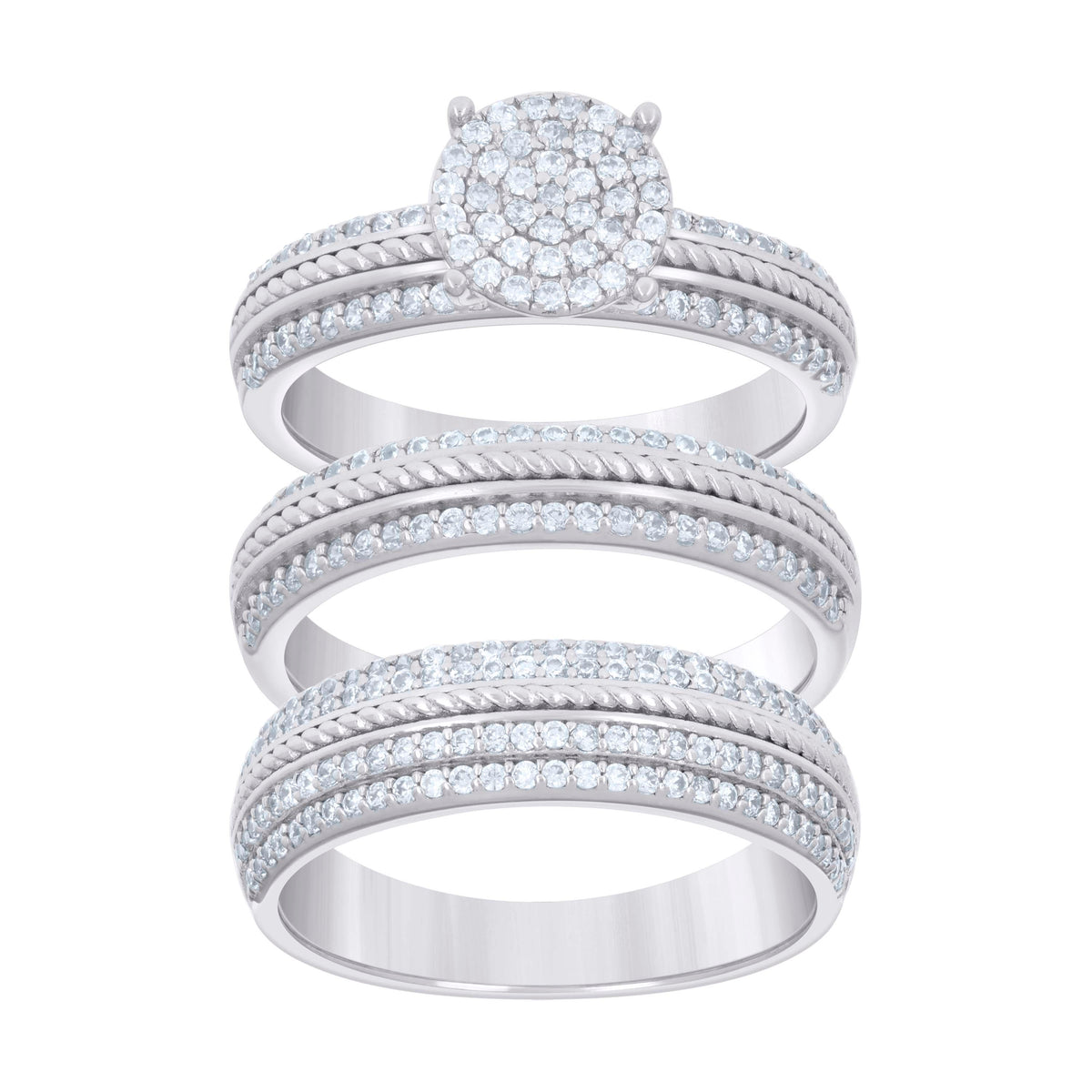 925 Sterling Silver Cubic-Zirconia His & Hers Trio Ring Set Size 9