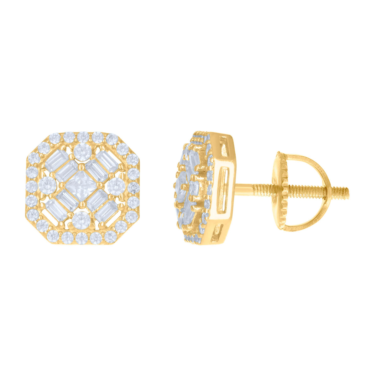 925 Sterling Silver Yellow-tone Womens Baguette Round Cubic-Zirconia Fashion Stud Earrings