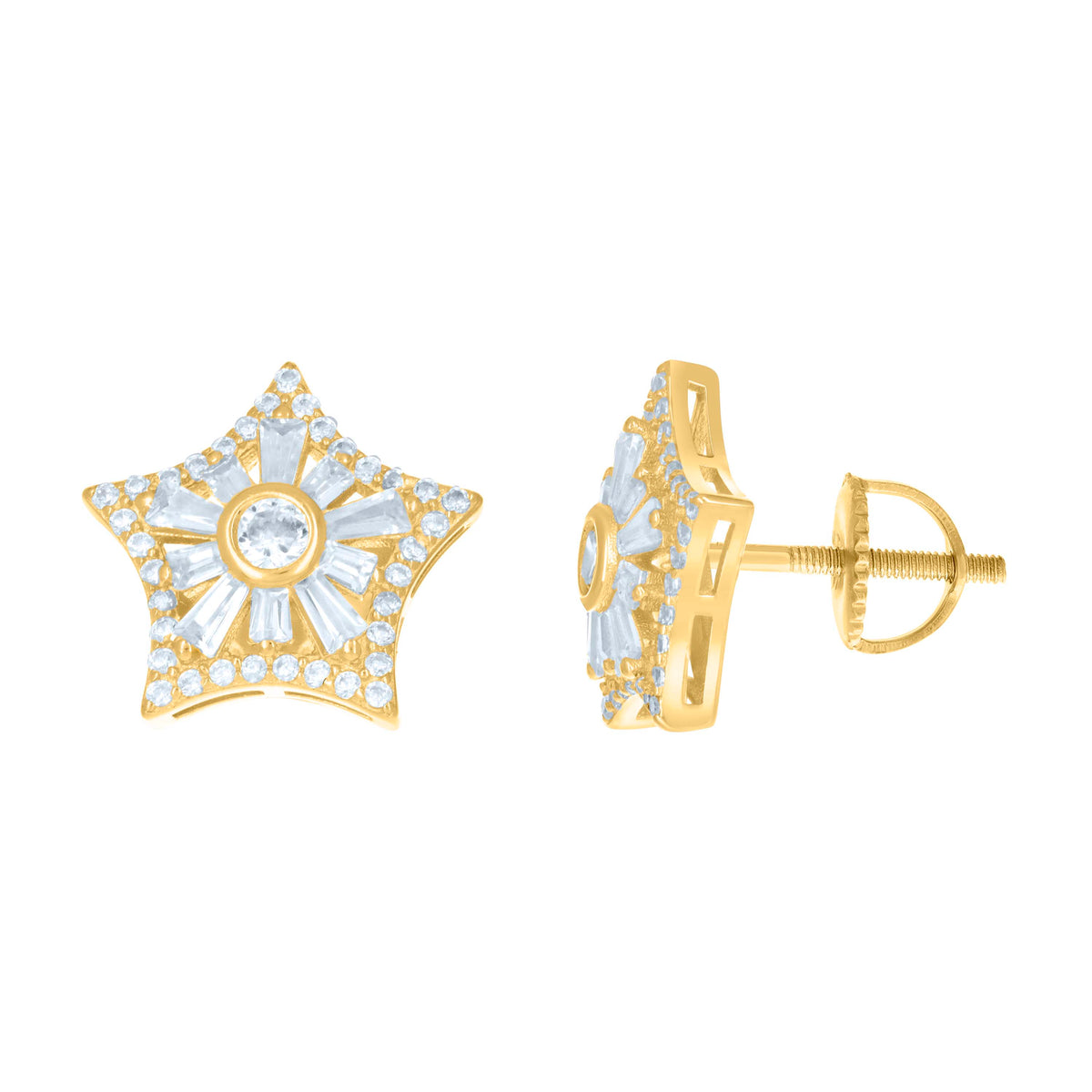 925 Sterling Silver Yellow-tone Womens Baguette Round Cubic-Zirconia Star Fashion Stud Earrings