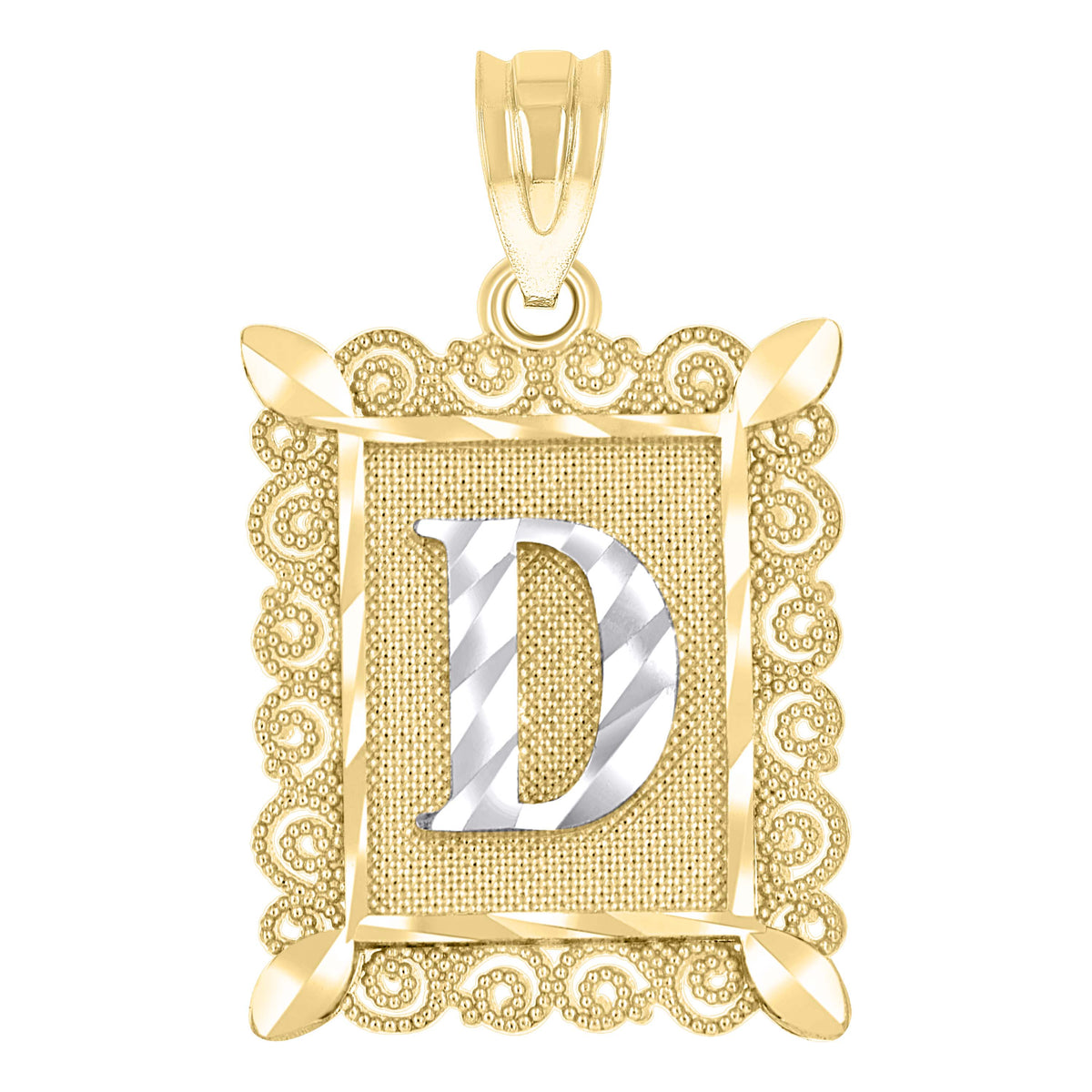 10K Two-Tone Gold Unisex Diamond-Cut Initial D Charm Pendant