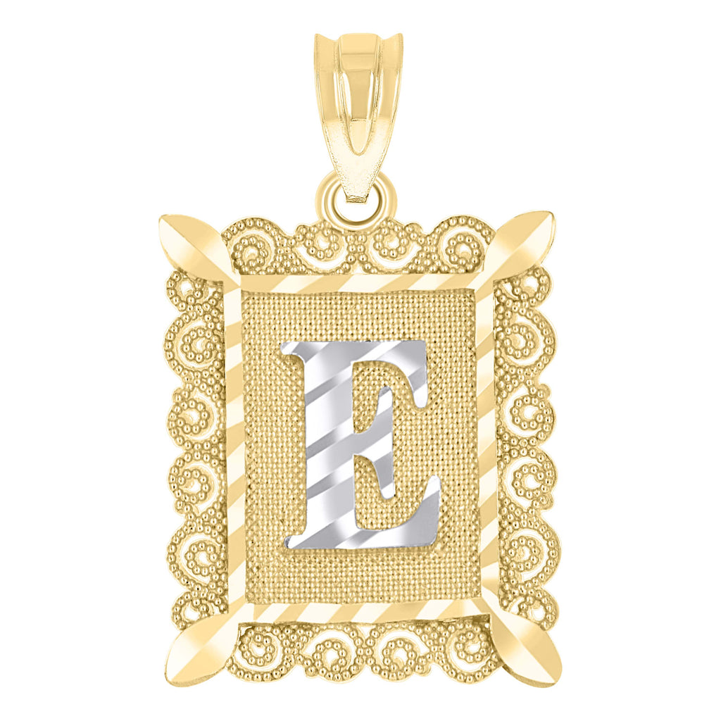 10K Two-Tone Gold Unisex Diamond-Cut Initial E Charm Pendant