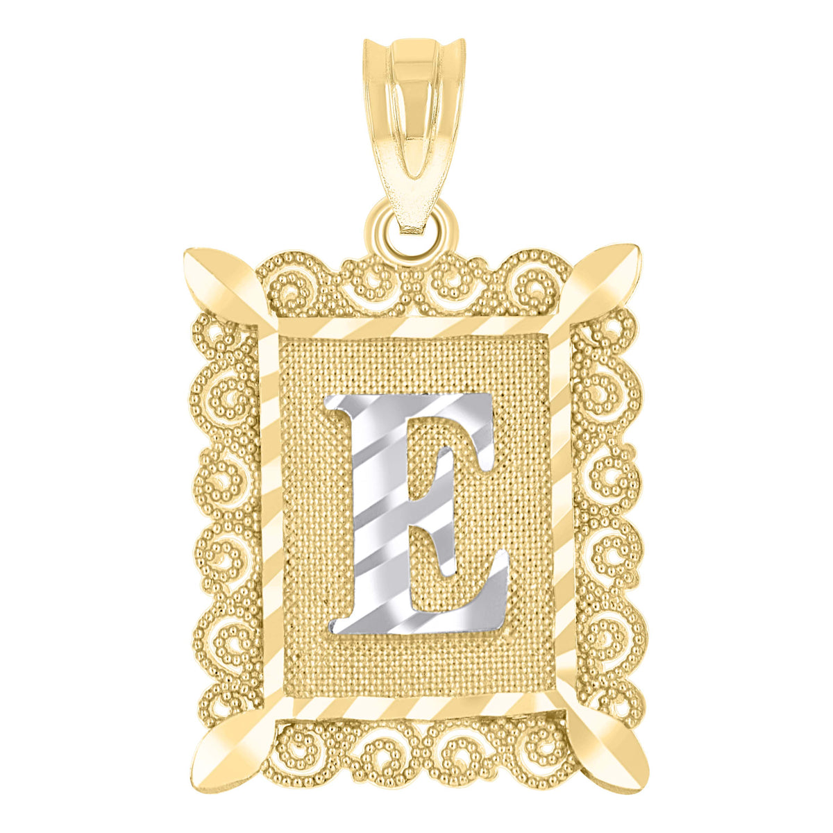10K Two-Tone Gold Unisex Diamond-Cut Initial E Charm Pendant
