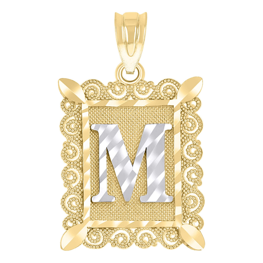10K Two-Tone Gold Unisex Diamond-Cut Initial M Charm Pendant