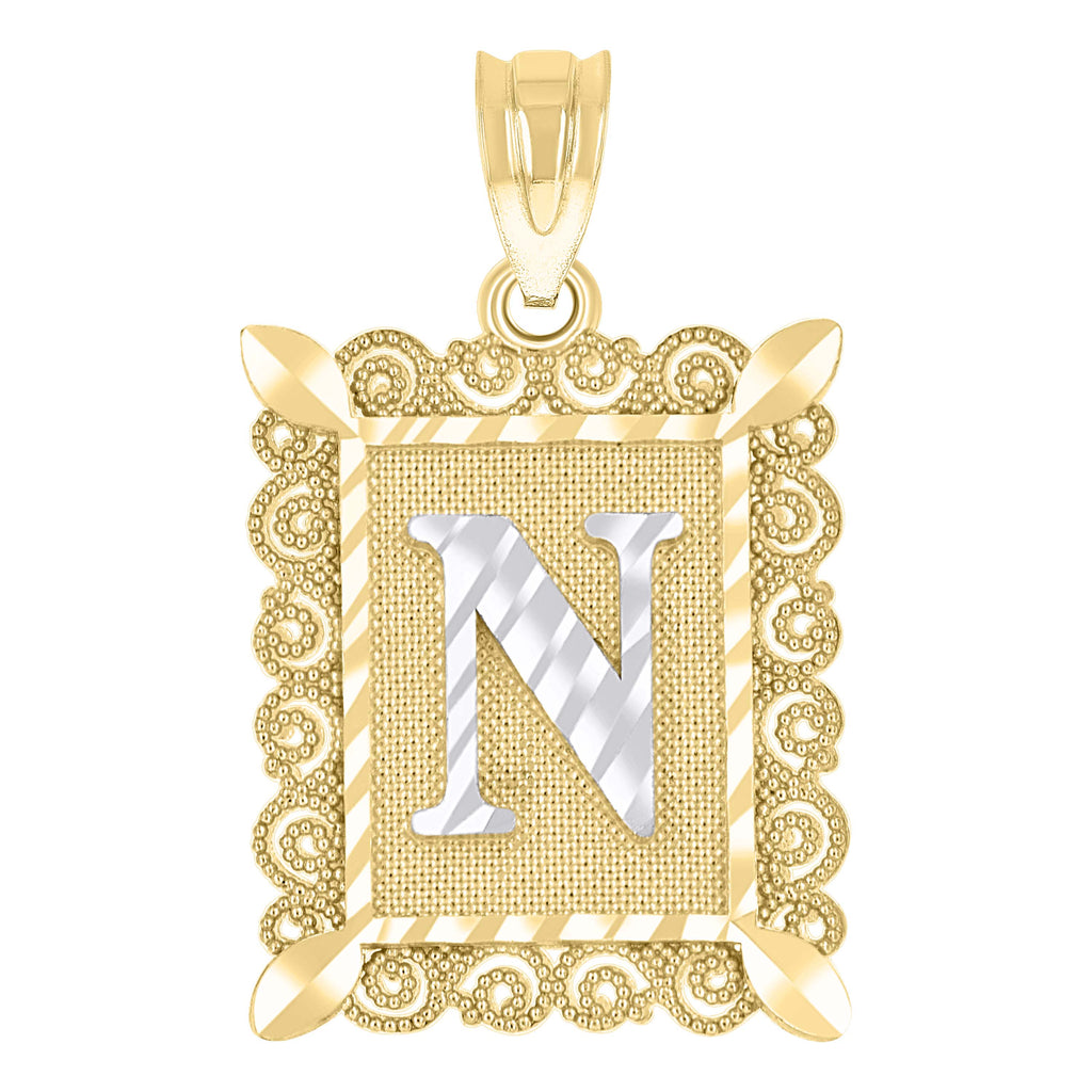10K Two-Tone Gold Unisex Diamond-Cut Initial N Charm Pendant