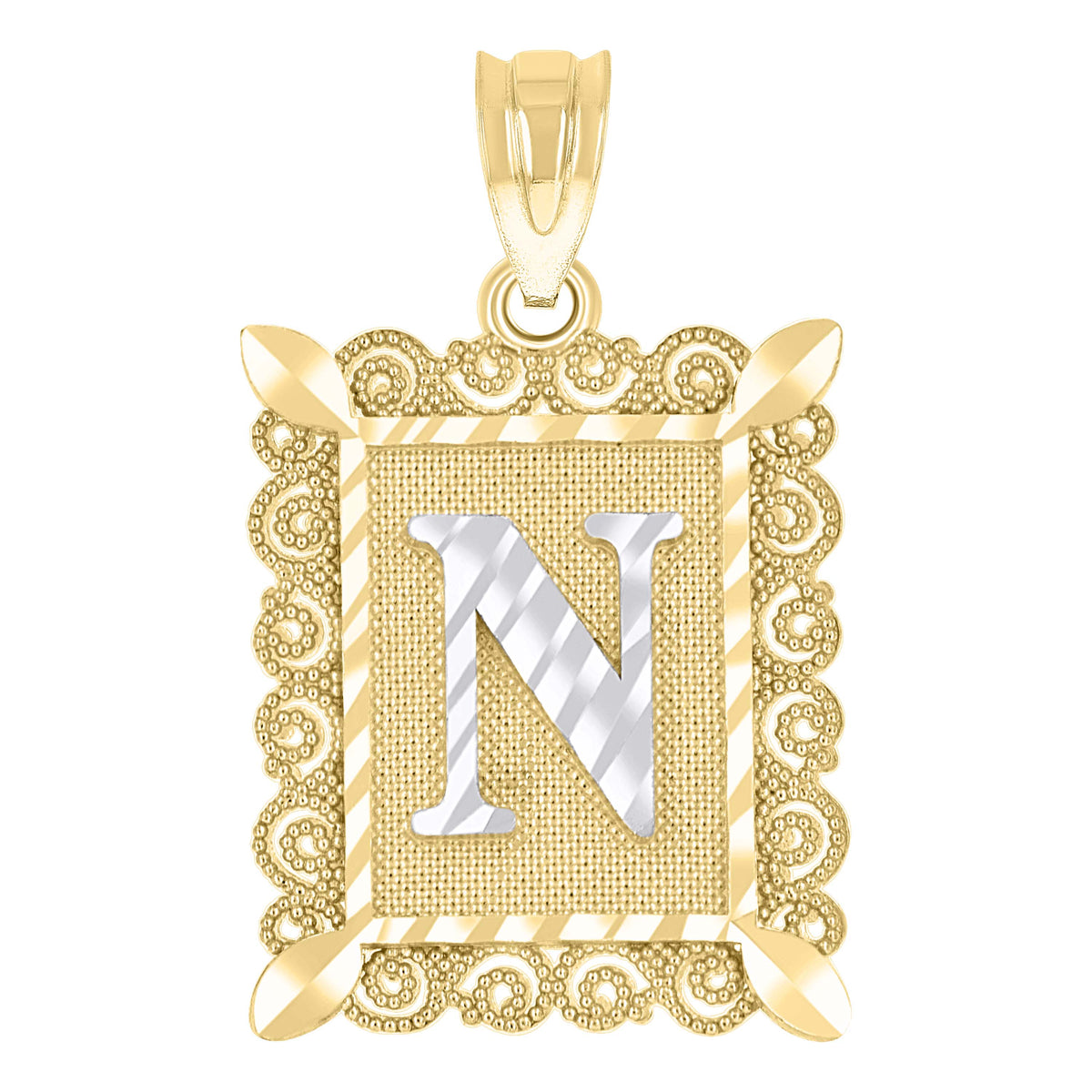10K Two-Tone Gold Unisex Diamond-Cut Initial N Charm Pendant
