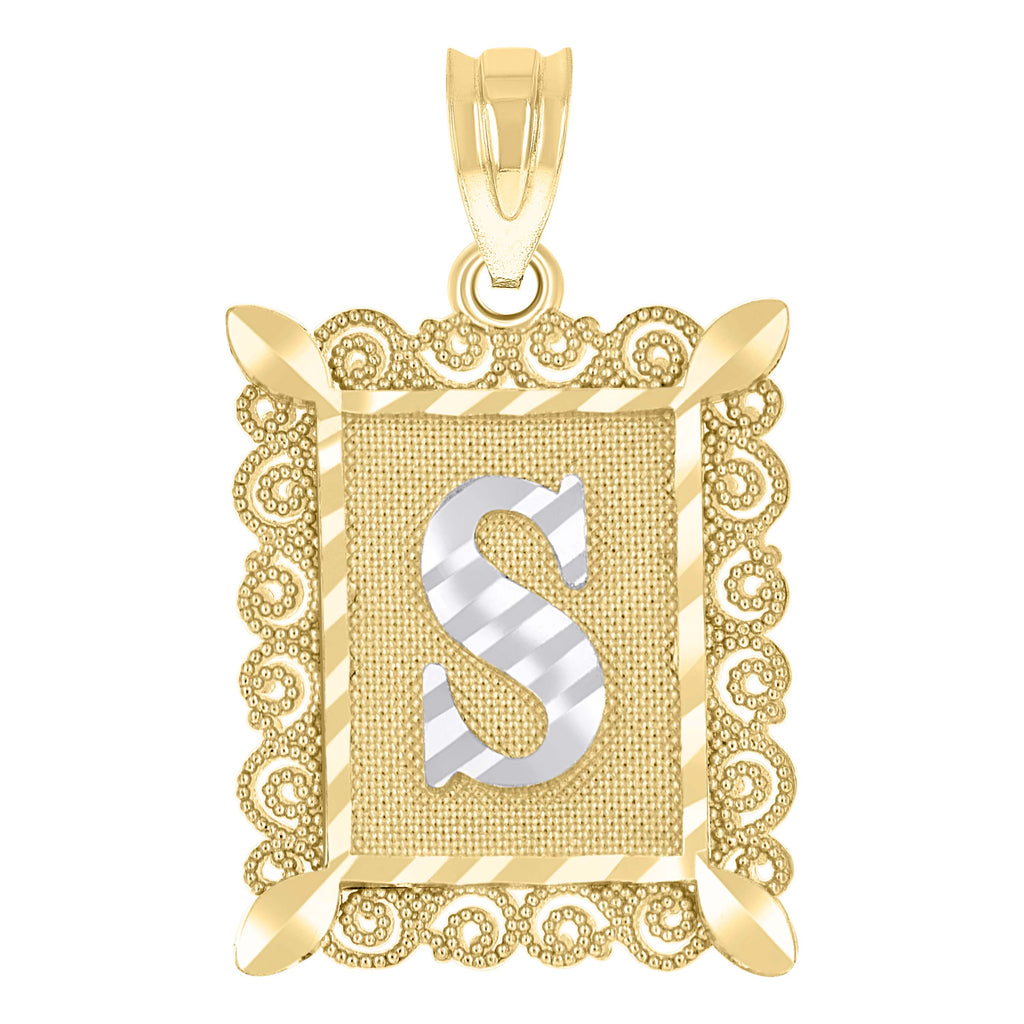 10K Two-Tone Gold Unisex Diamond-Cut Initial S Charm Pendant