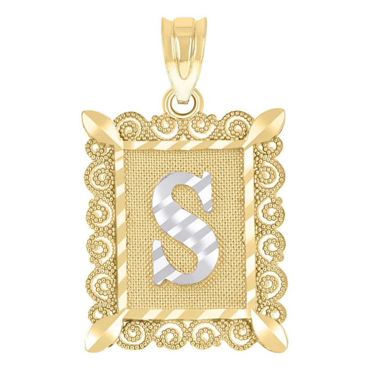 10K Two-Tone Gold Unisex Diamond-Cut Initial S Charm Pendant