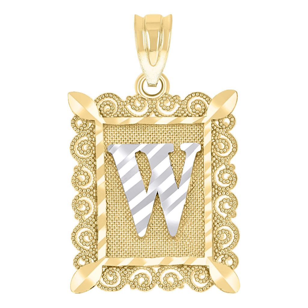10K Two-Tone Gold Unisex Diamond-Cut Initial W Charm Pendant