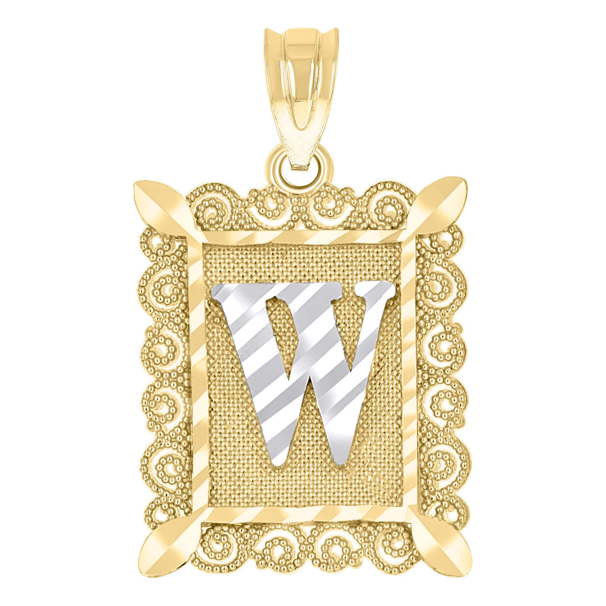 10K Two-Tone Gold Unisex Diamond-Cut Initial W Charm Pendant