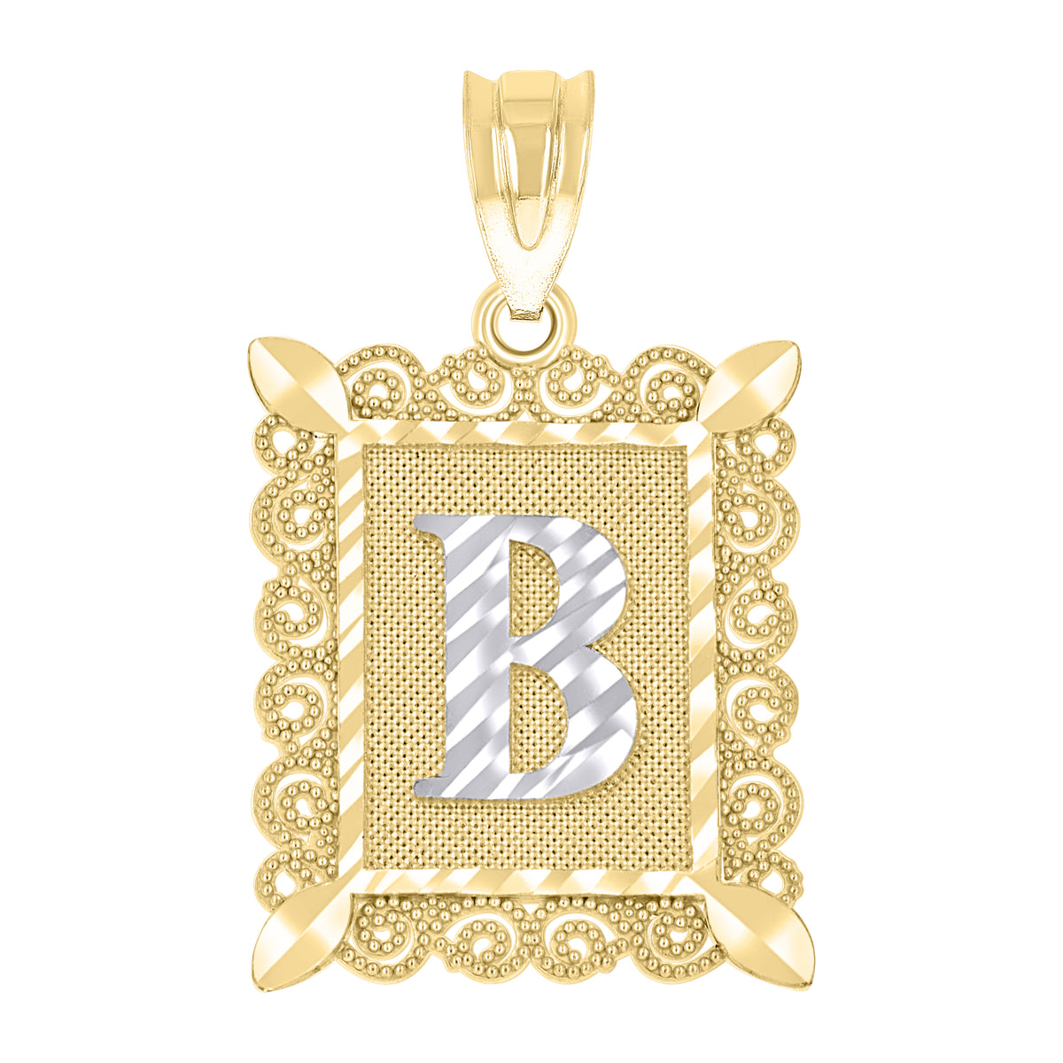 10K Two-Tone Gold Unisex Diamond-Cut Initial B Charm Pendant