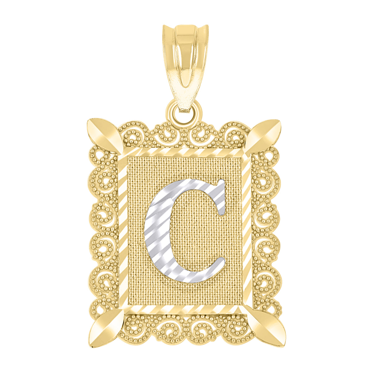 10K Two-Tone Gold Unisex Diamond-Cut Initial C Charm Pendant