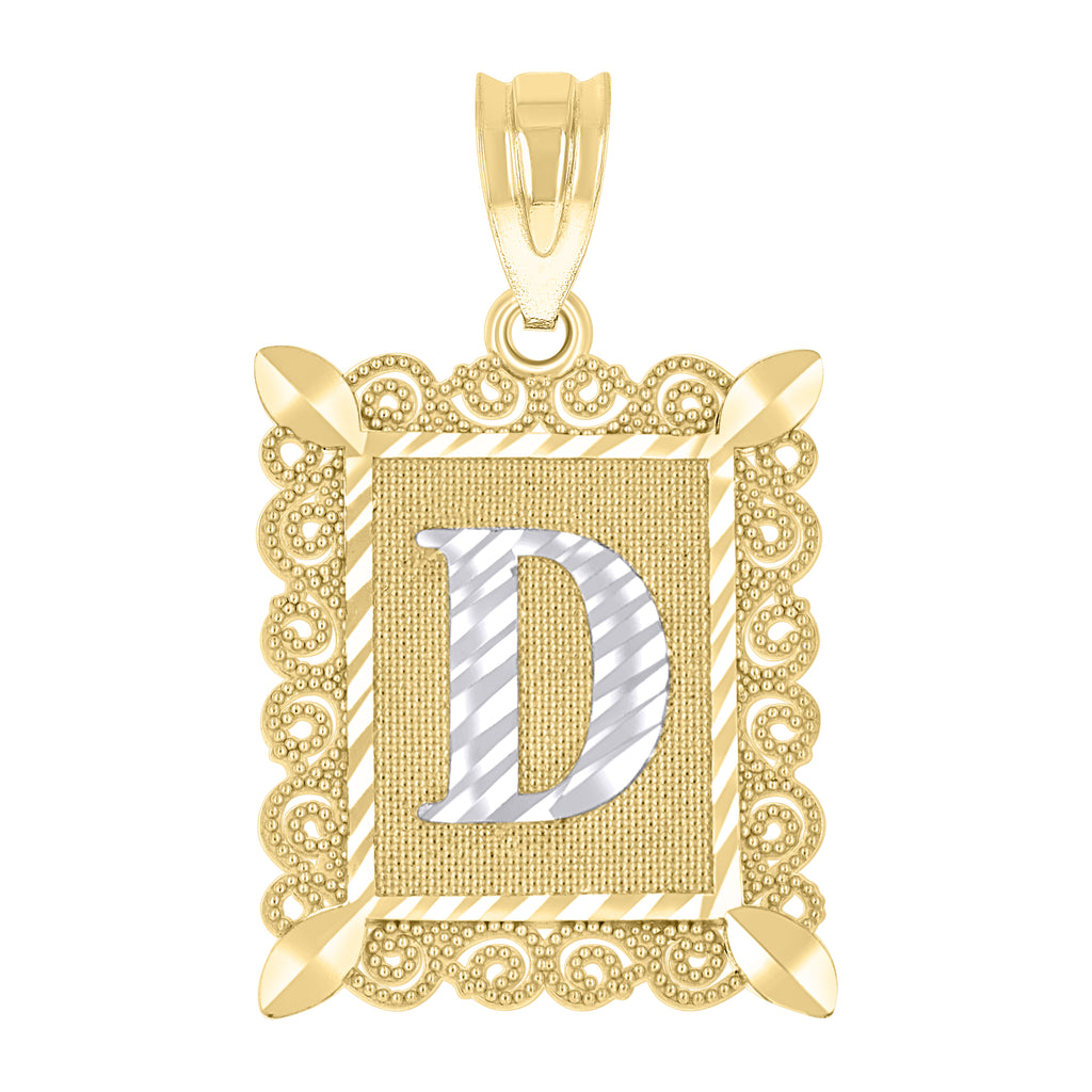 10K Two-Tone Gold Unisex Diamond-Cut Initial D Charm Pendant