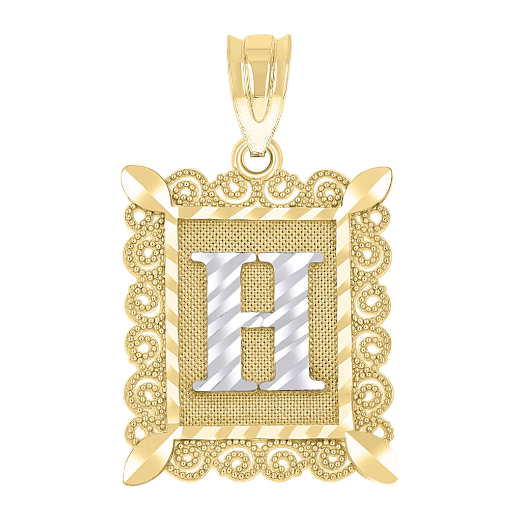 10K Two-Tone Gold Unisex Diamond-Cut Initial H Charm Pendant