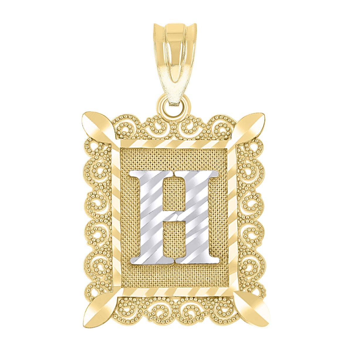 10K Two-Tone Gold Unisex Diamond-Cut Initial H Charm Pendant