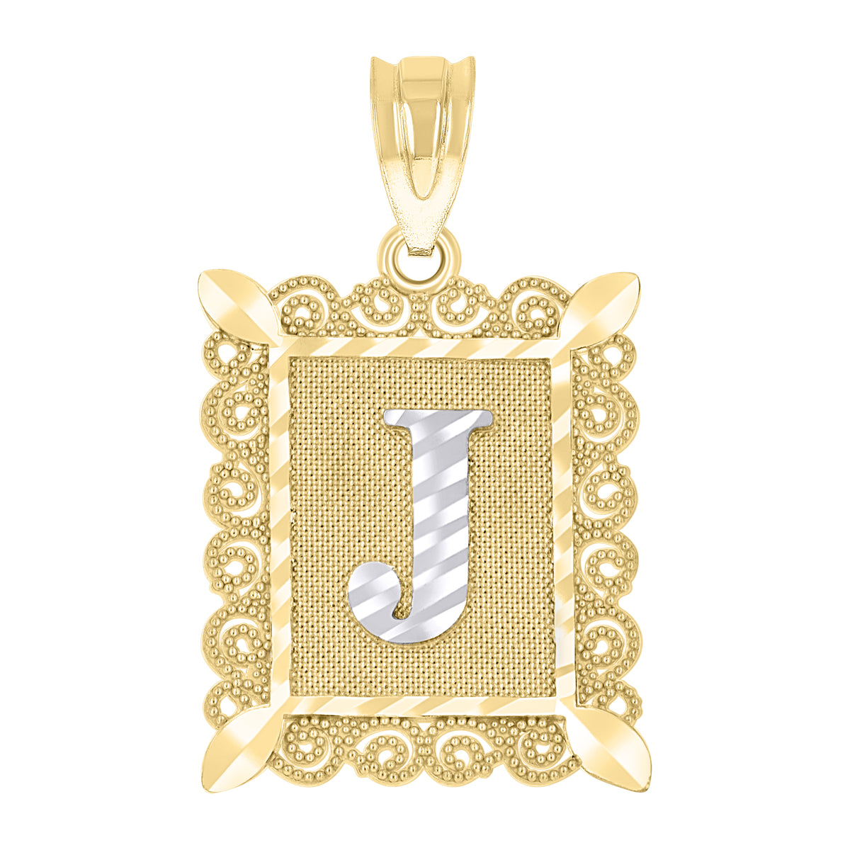 10K Gold Two-Tone Diamond-Cut Unisex Letter J Initial Charm Pendant