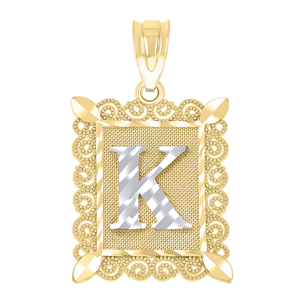 10K Two-Tone Gold Unisex Diamond-Cut Initial K Charm Pendant