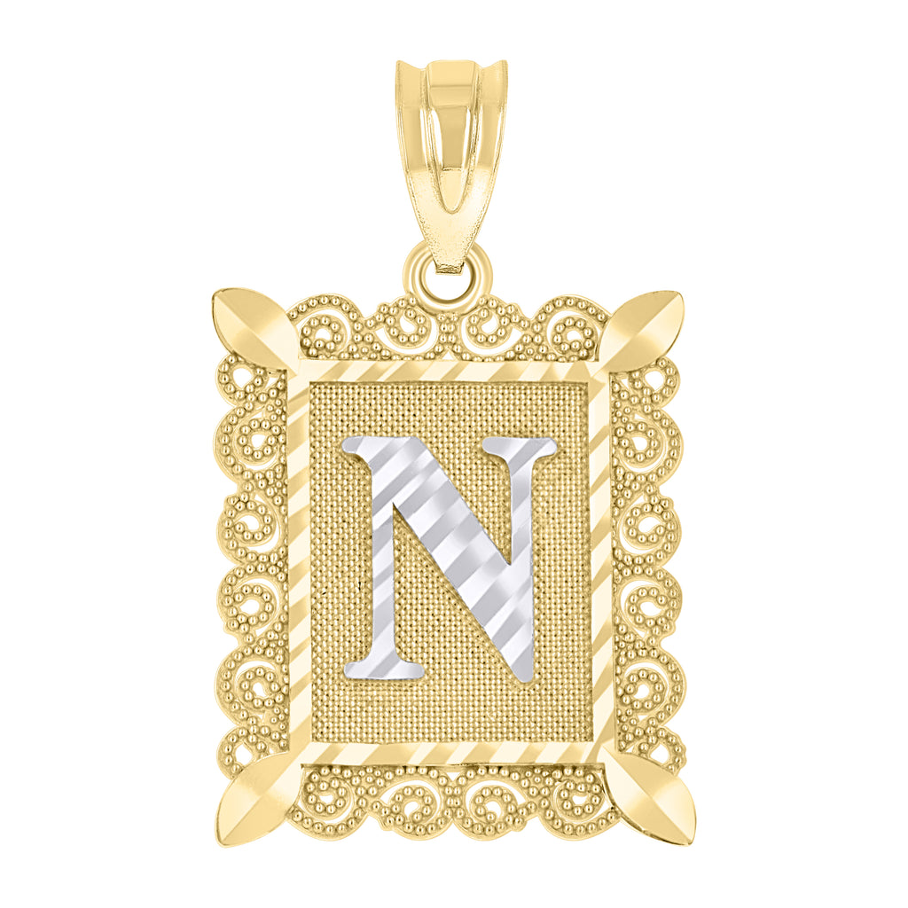 10K Two-Tone Gold Unisex Diamond-Cut Initial N Charm Pendant