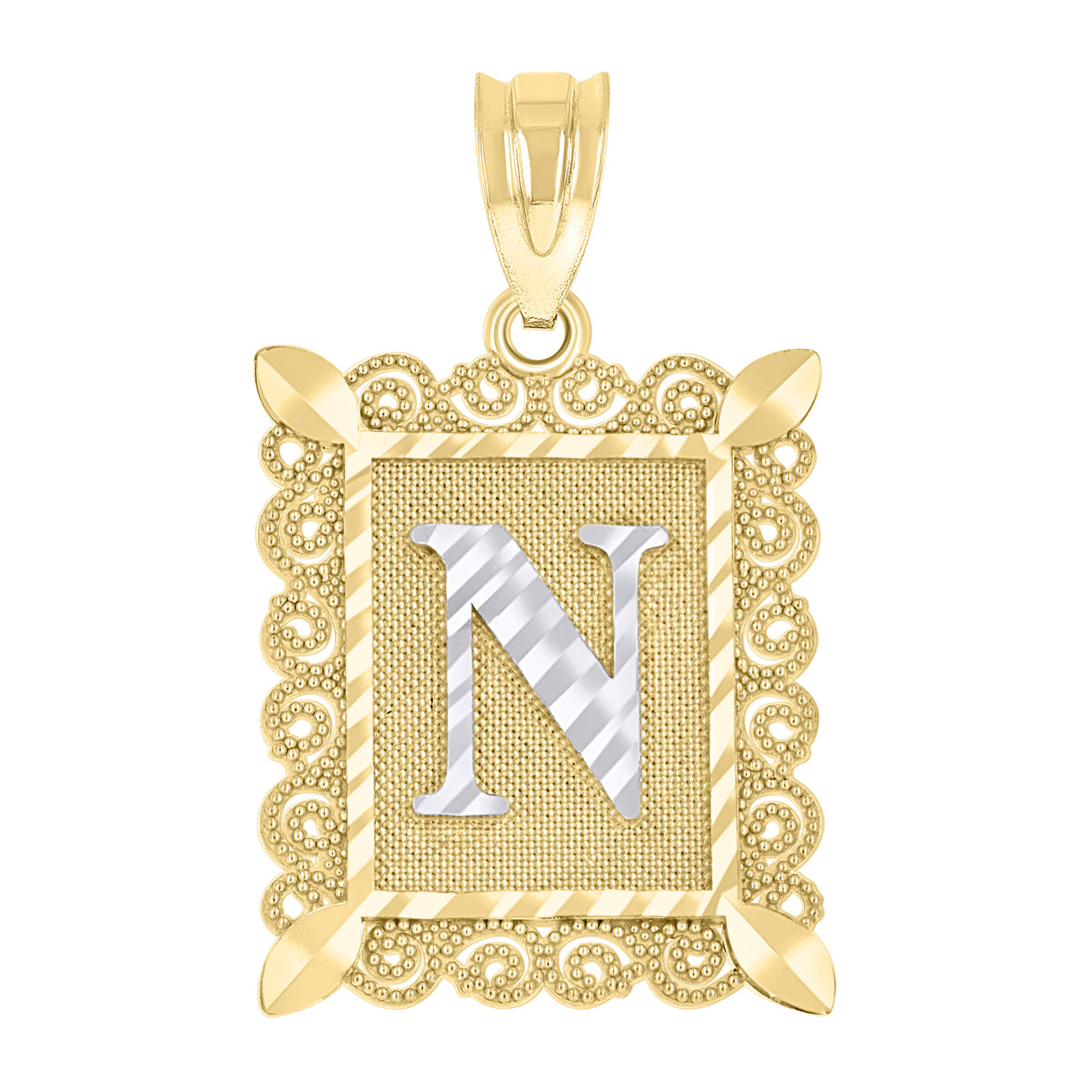 10K Two-Tone Gold Unisex Diamond-Cut Initial N Charm Pendant
