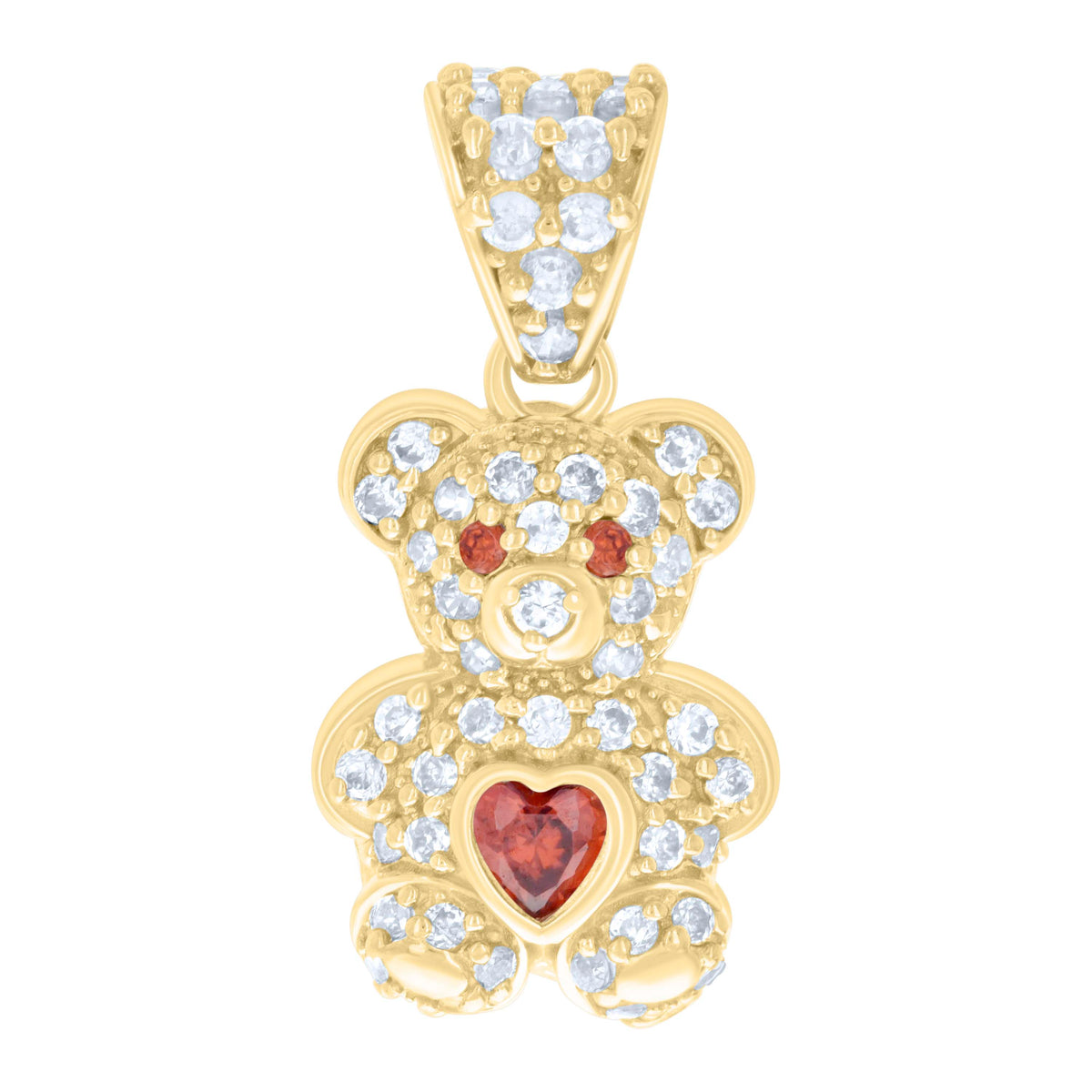 10K Yellow Gold Womens Red White Heart Round Cubic-Zirconia January Birthstone Teddy Bear Charm Pendant