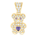 10K Yellow Gold Womens Purple White Heart Round Cubic-Zirconia February Birthstone Teddy Bear Charm Pendant