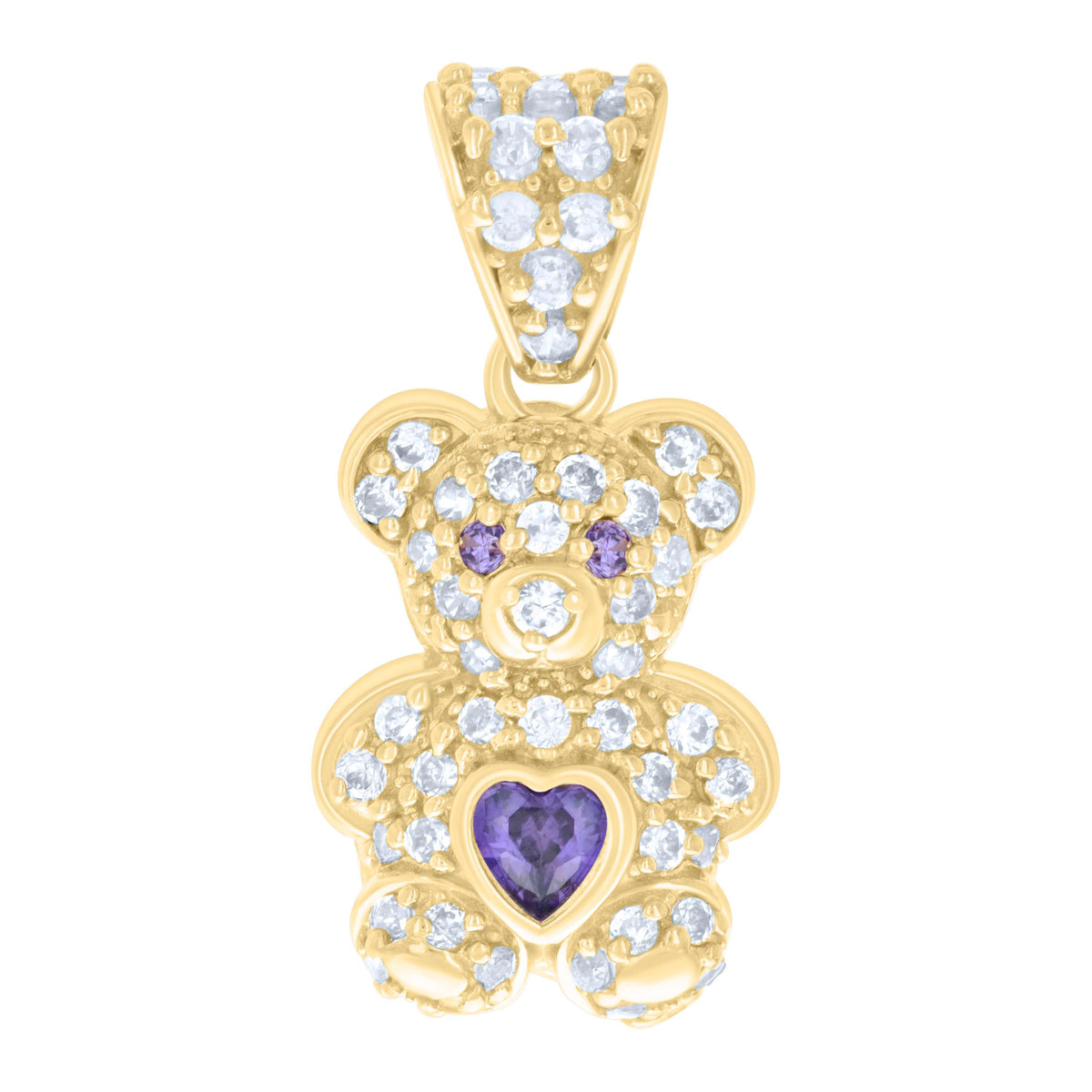 10K Yellow Gold Womens Purple White Heart Round Cubic-Zirconia February Birthstone Teddy Bear Charm Pendant