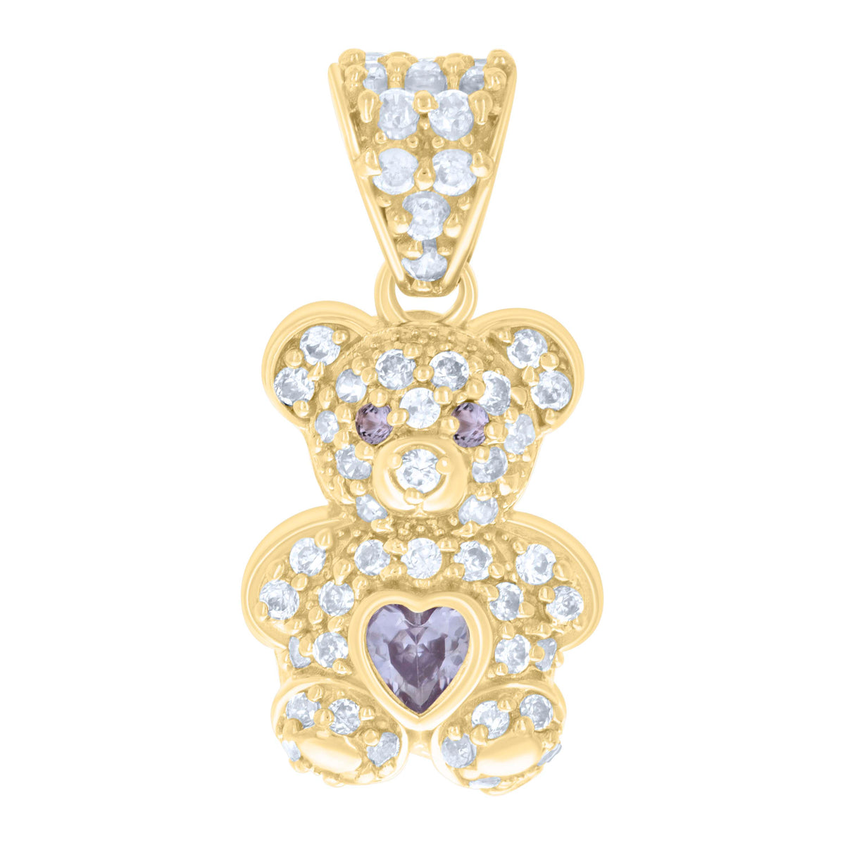 10K Yellow Gold Womens Purple White Heart Round Cubic-Zirconia March Birthstone Teddy Bear Charm Pendant