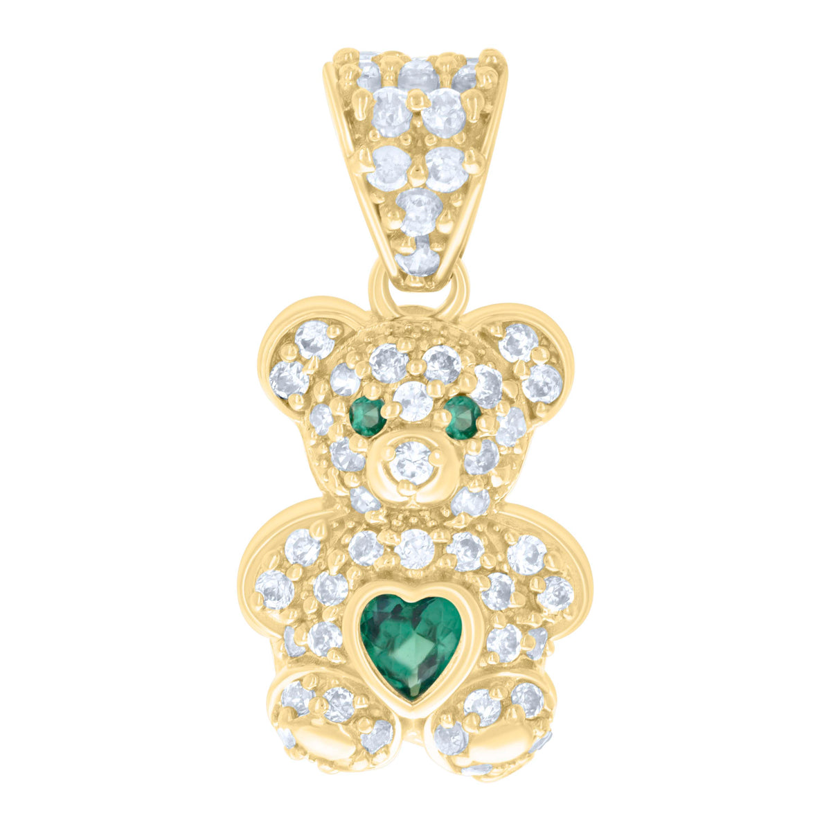10K Yellow Gold Womens Green White Heart Round Cubic-Zirconia May Birthstone Teddy Bear Charm Pendant