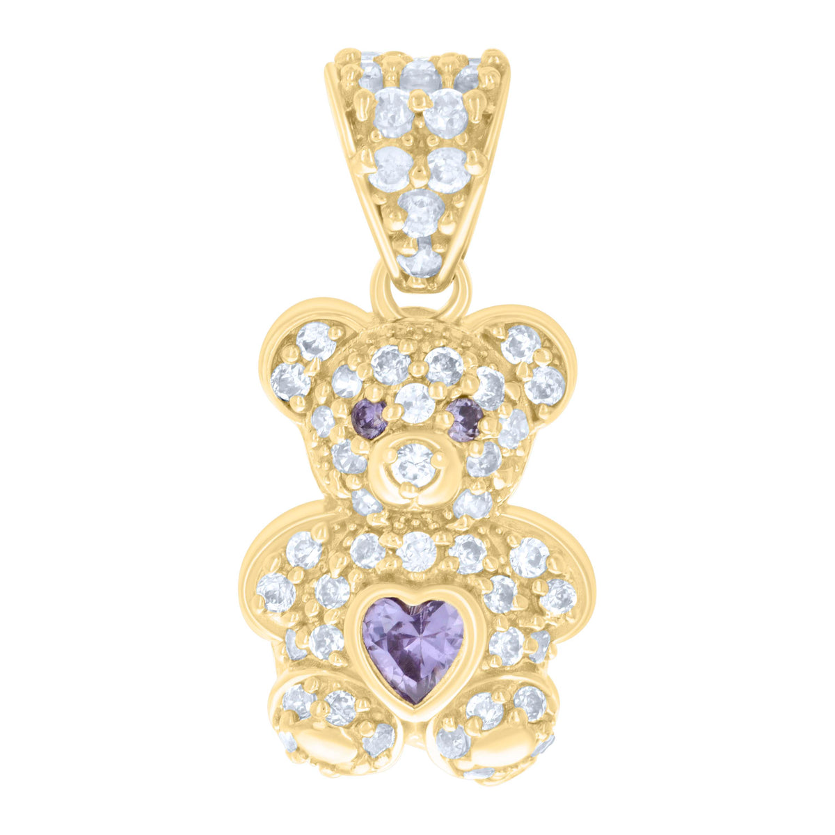 10K Yellow Gold Womens Purple White Heart Round Cubic-Zirconia June Birthstone Teddy Bear Charm Pendant