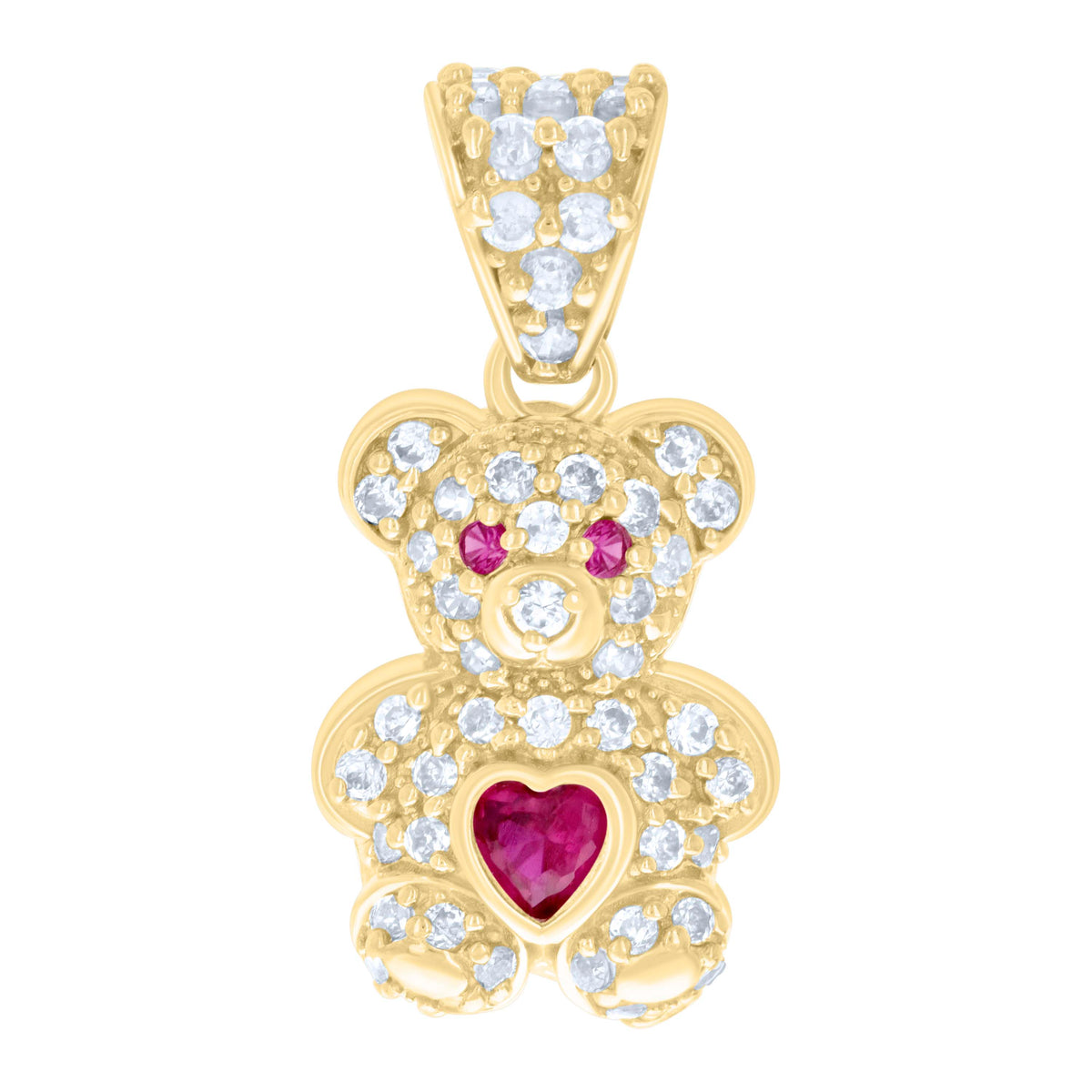 10K Yellow Gold Womens Red White Heart Round Cubic-Zirconia July Birthstone Teddy Bear Charm Pendant
