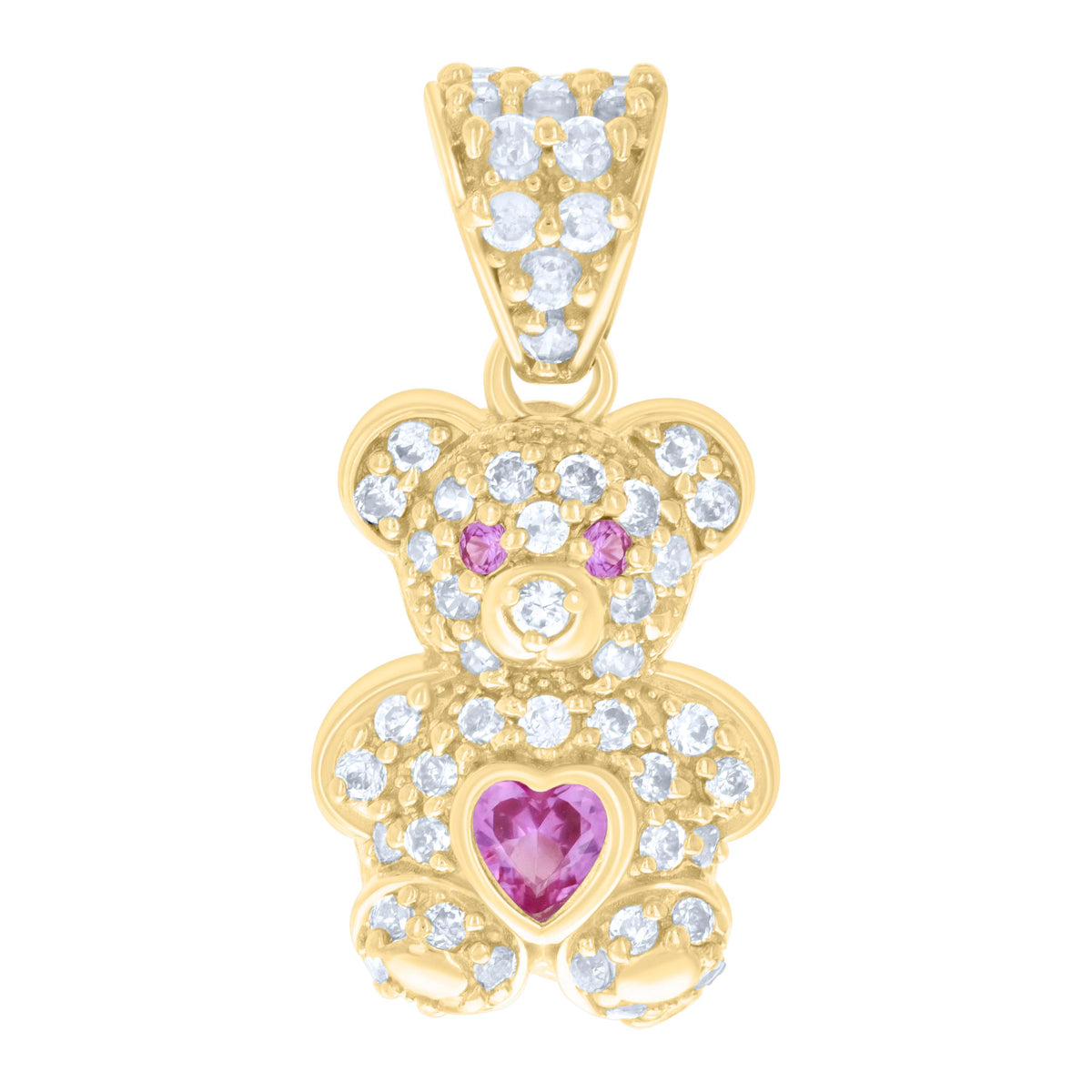 10K Yellow Gold Womens Pink White Heart Round Cubic-Zirconia October Birthstone Teddy Bear Charm Pendant