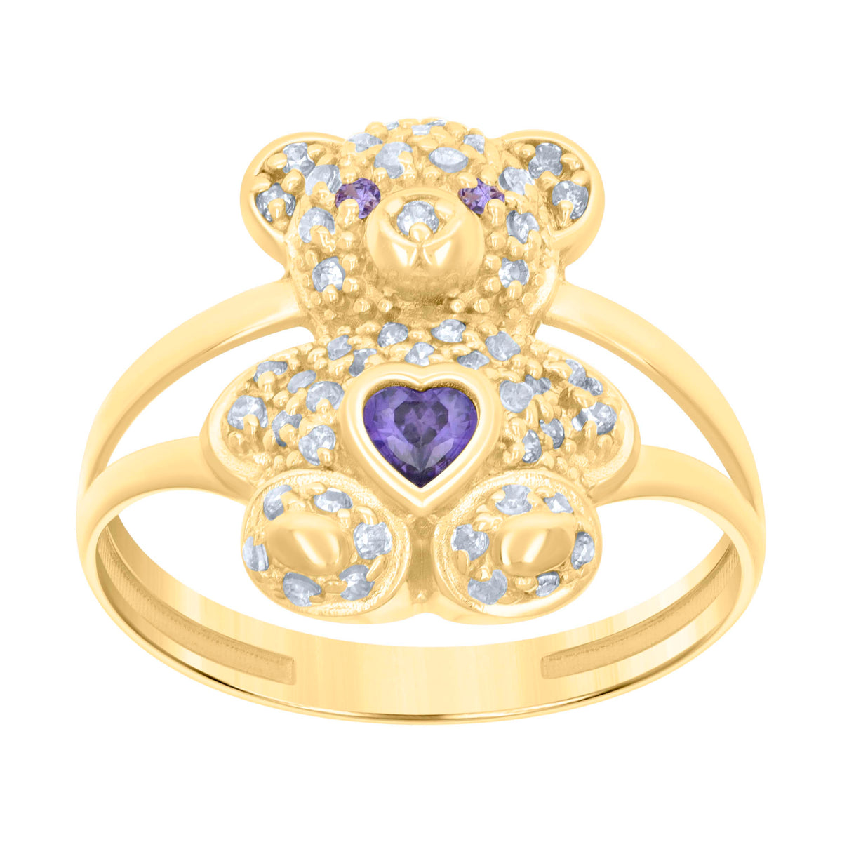 10K Yellow Gold Womens Purple White Heart Round Cubic-Zirconia February Birthstone Teddy Bear Ring
