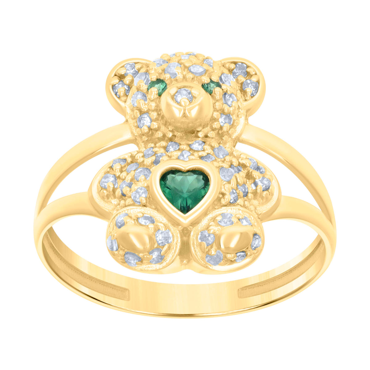 10K Yellow Gold Womens Green White Heart Round Cubic-Zirconia May Birthstone Teddy Bear Ring