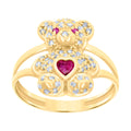 10K Yellow Gold Womens Red White Heart Round Cubic-Zirconia July Birthstone Teddy Bear Ring