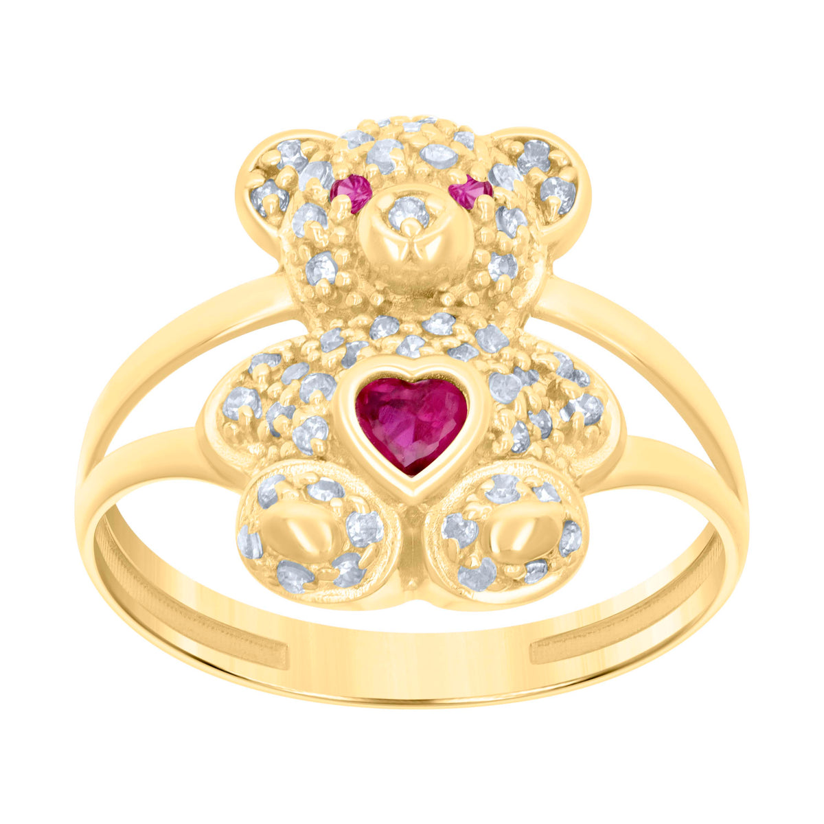 10K Yellow Gold Womens Red White Heart Round Cubic-Zirconia July Birthstone Teddy Bear Ring