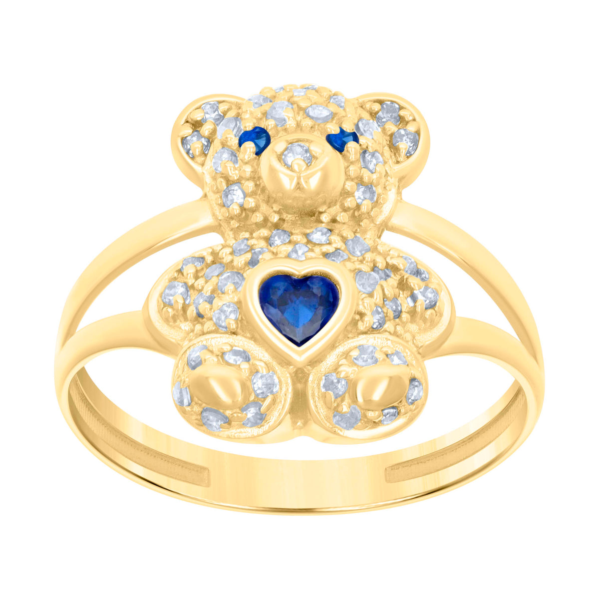 10K Yellow Gold Womens Blue White Heart Round Cubic-Zirconia September Birthstone Teddy Bear Ring