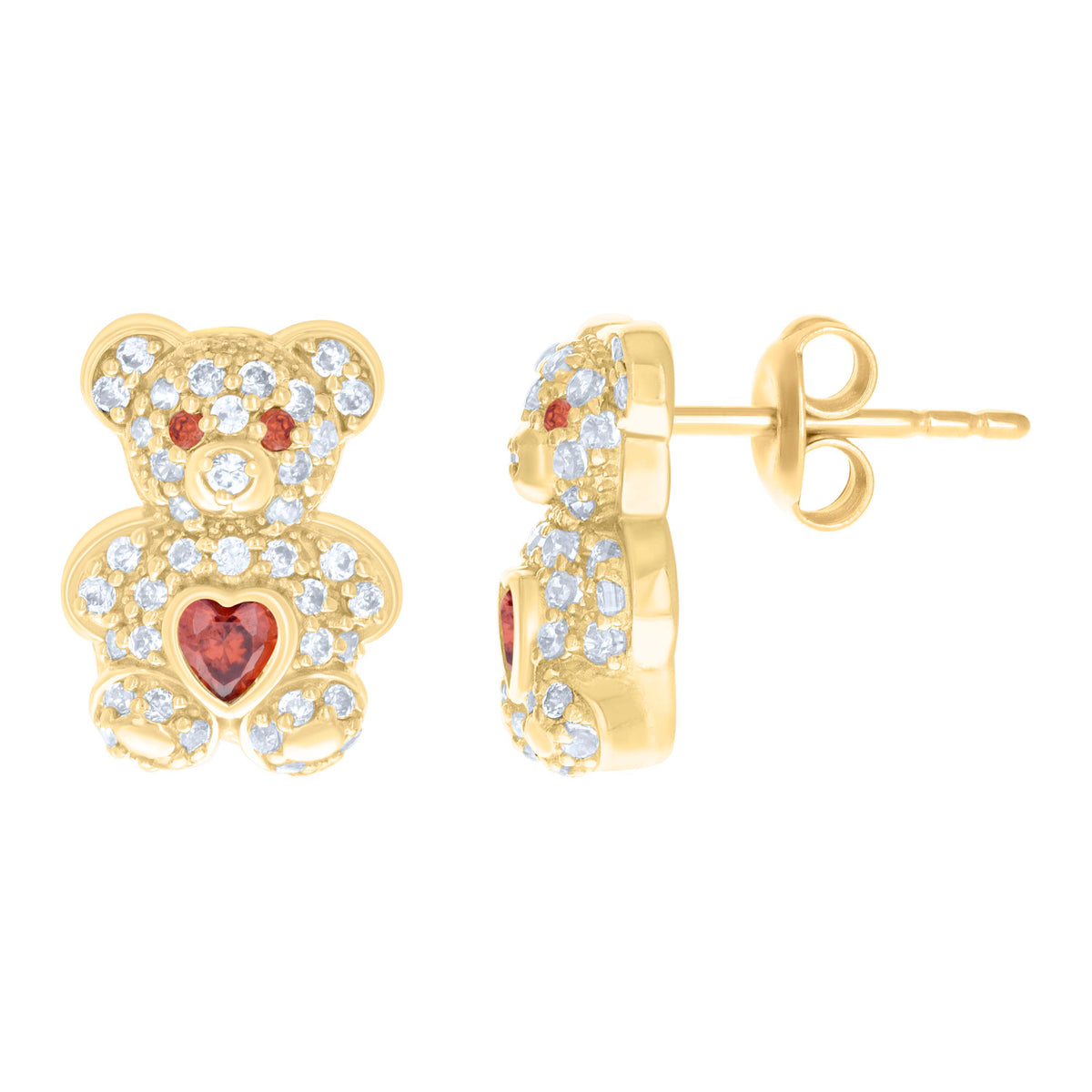 10K Yellow Gold Womens Red White Heart Round Cubic-Zirconia January Birthstone Teddy Bear Stud Earrings